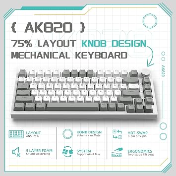 YINDIAO AK820 Mechanical Keyboard with CNC Knob Control,75% ANSI Layout,82Keys Gasket Mount Wired Gaming Keyboard,5 Sound Absorbing Foam,Hot-swappable,White Backlit,for PC,MAC (Grey&White)