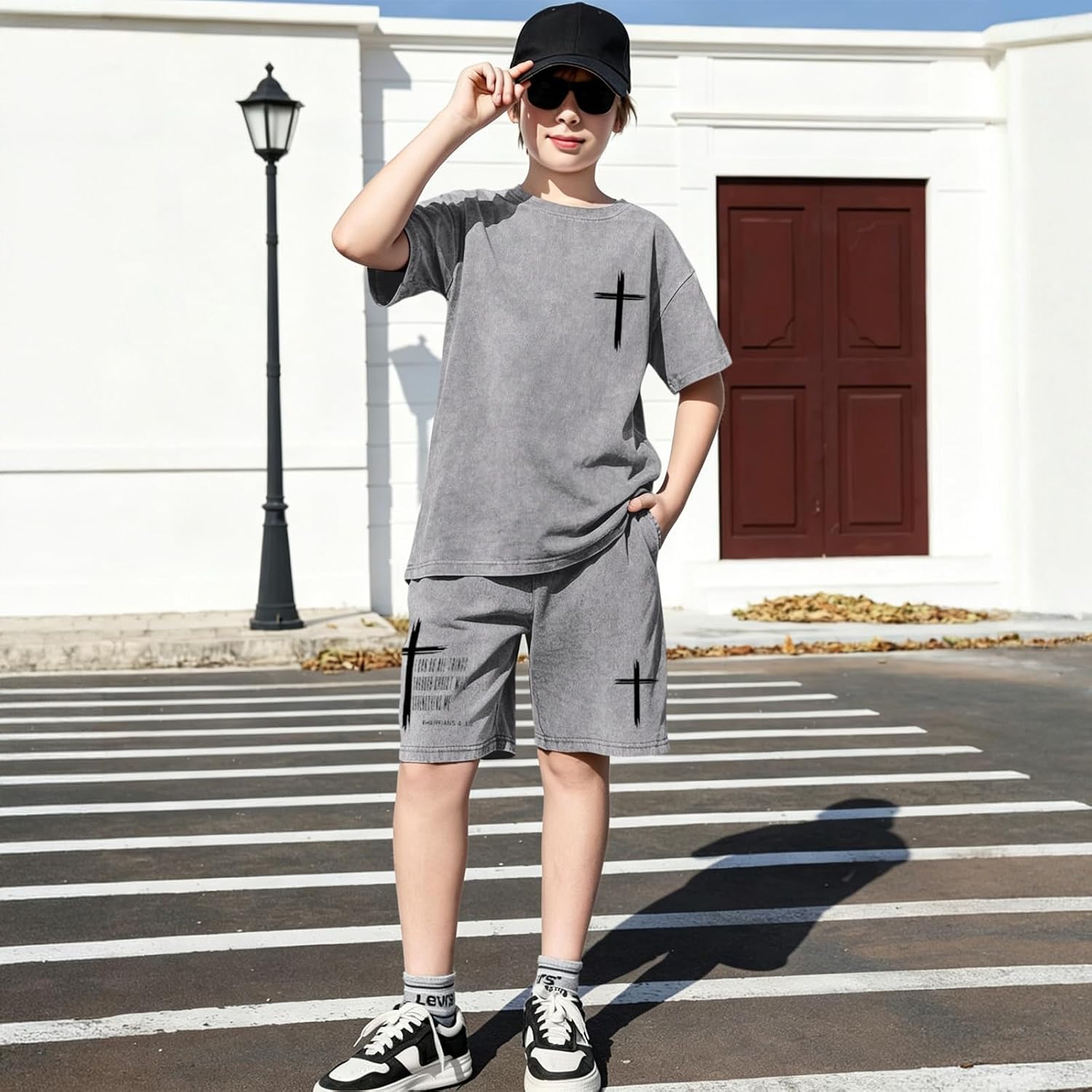 Fkatuzi Boys Oversized Cross Shirt and Graphic Shorts Set 2 Piece Summer Outfits Cotton Acid Wash Short Matching Sets