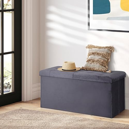 Miniatura 5 de Saicool Banco otomano de almacenamiento grande, baúl de almacenamiento plegable, reposapiés de terciopelo de 31.5 pulgadas con tapa, banco largo