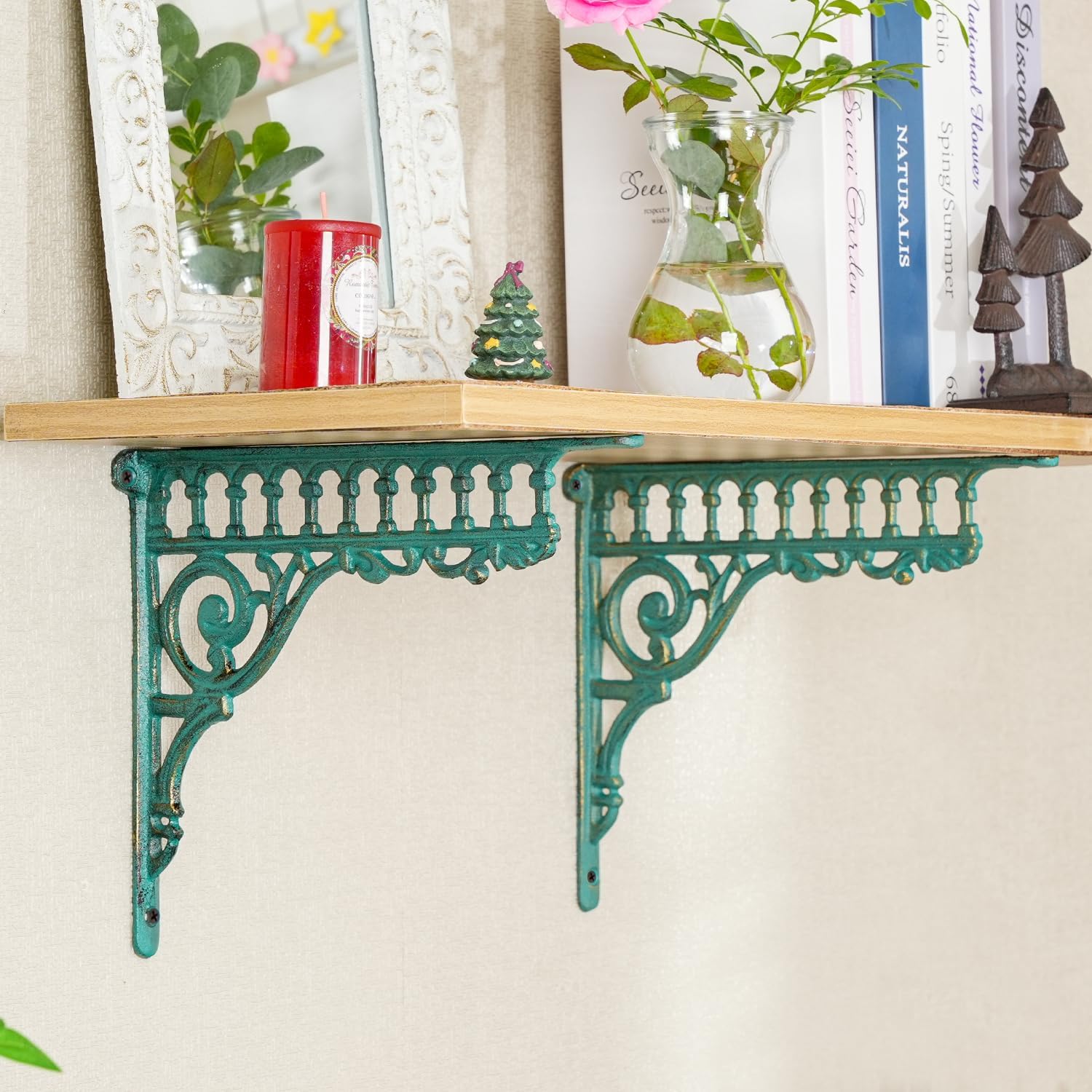 10.6インチ 鋳鉄グリーンブラケット 棚用、2個 ヴィンテージメタル装飾アングルサポートドアウェイブラケット、高耐久ビクトリア朝の