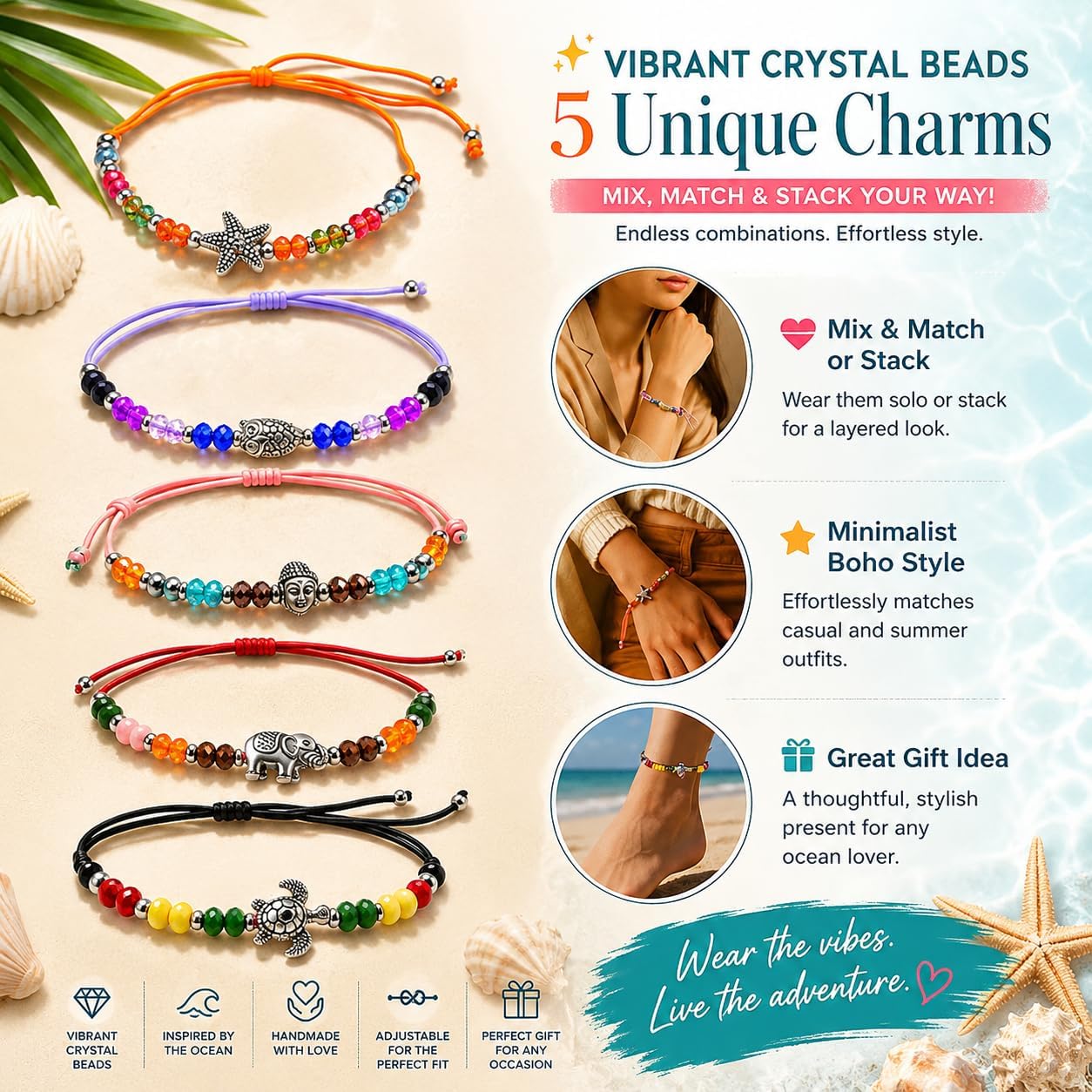 Friendship Anklet Bracelets Pack for Teens & Adults – Adjustable Cord Anklets with Unique Charms – Cute Summer Jewelry for Women, Ages 13+