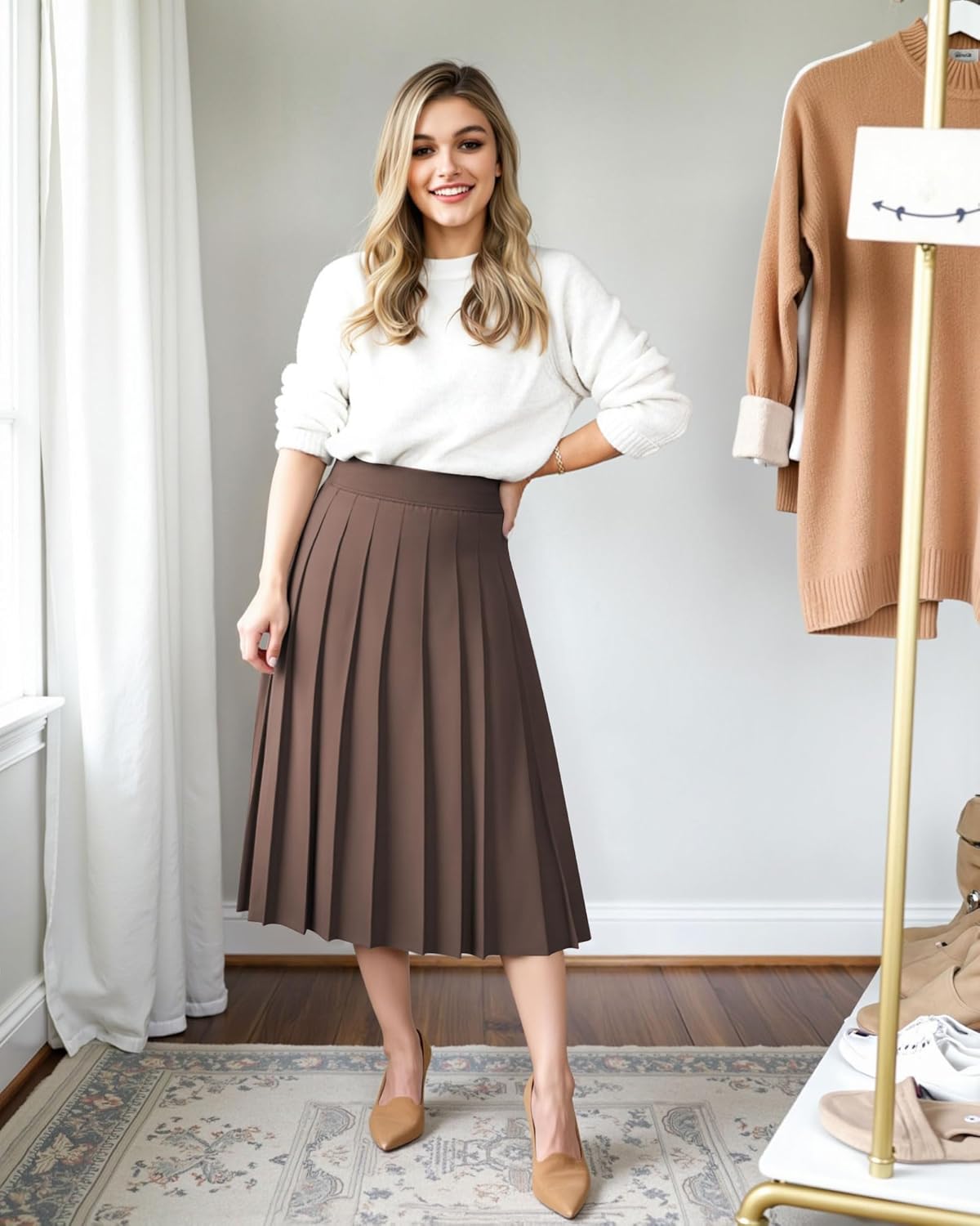 Pleated Skirts for Women with Pockets Elastic High Waisted Flowy Midi Skirt A Line Fall Long Skirts Work Office - Image 4