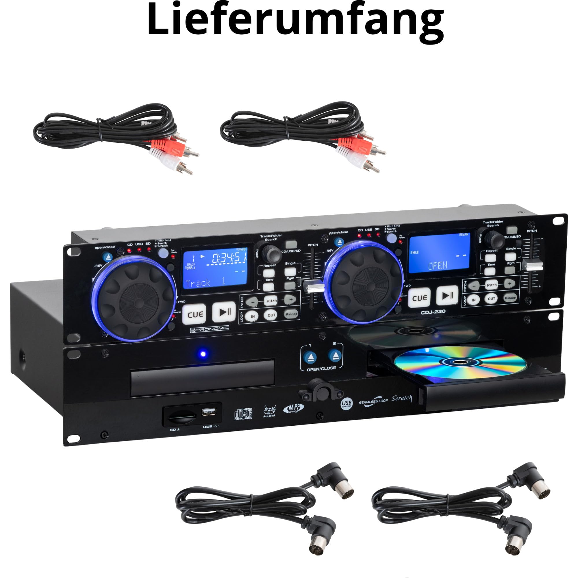 Pronomic CDJ-230 Doppel DJ CD Player - Dual CD MP3 Player mit separatem Controller - USB und SD - Pitch Bender und DSP-Effekte - Seamless Loop - 19 Zoll Rackformat - Schwarz