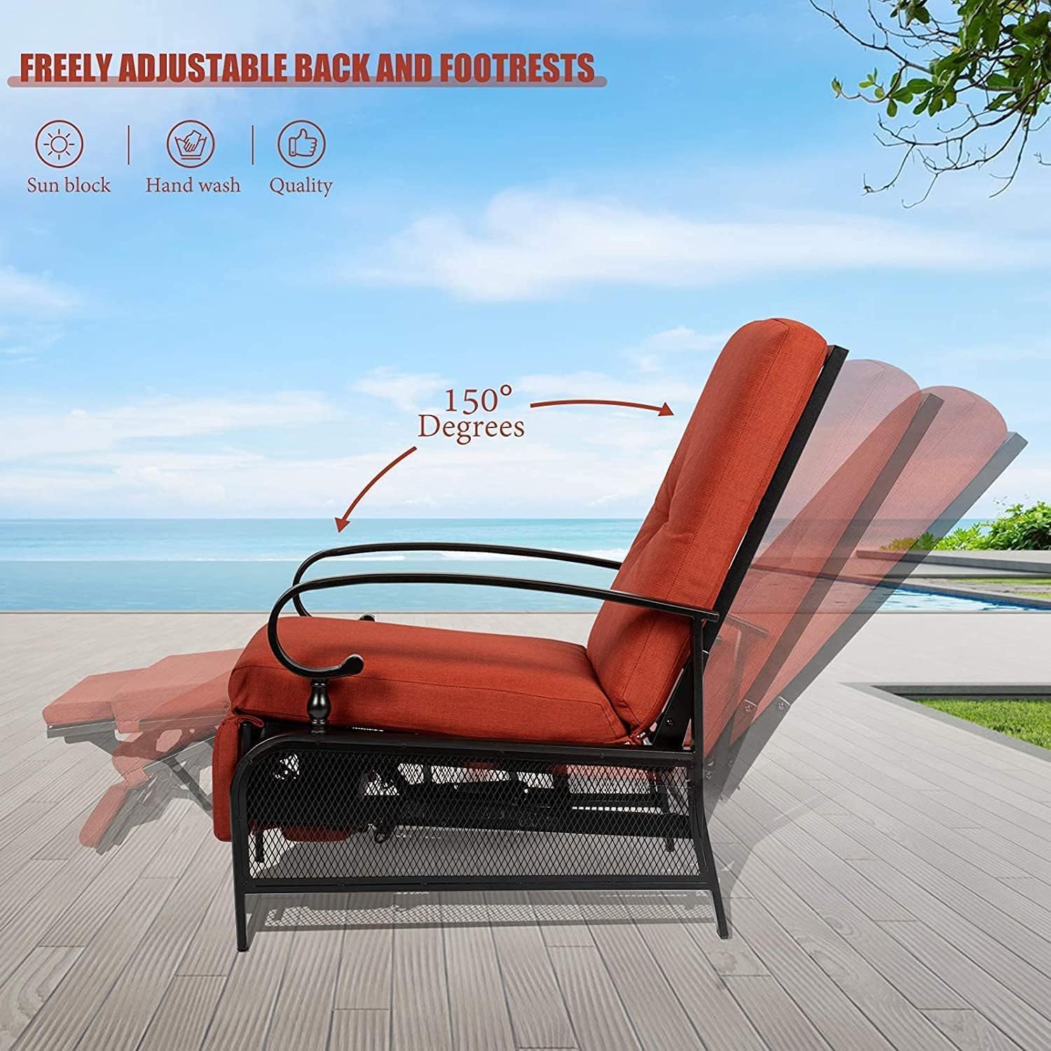 SUNCROWN Outdoor Recliner Chair Patio Adjustable Relaxing Chairs Outdoor Metal Furniture Chair with Thick Cushion, Red