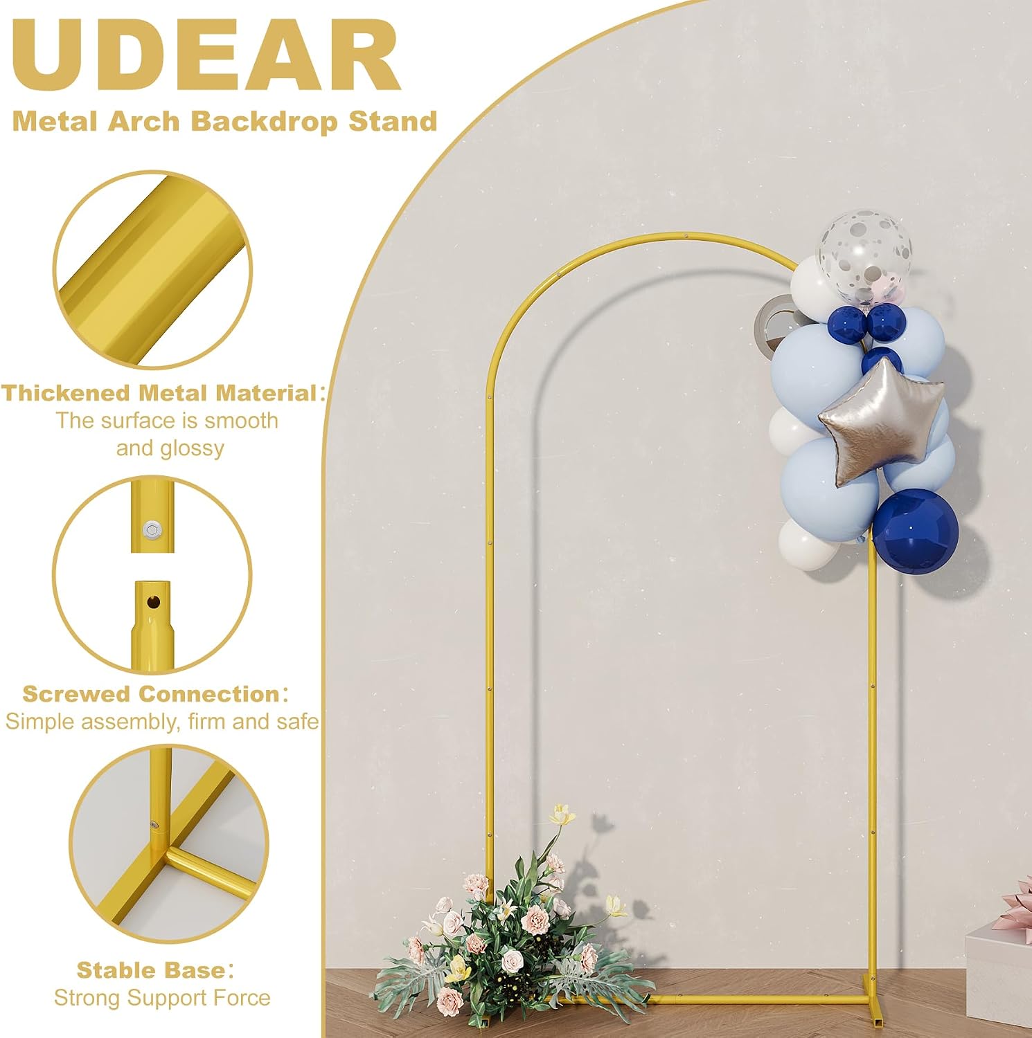 UDEAR 6.6FT Metal Arch Backdrop Stand,for Wedding Backgrounds Climbing Plants Event Decorations Outdoor Ceremonies,Gold
