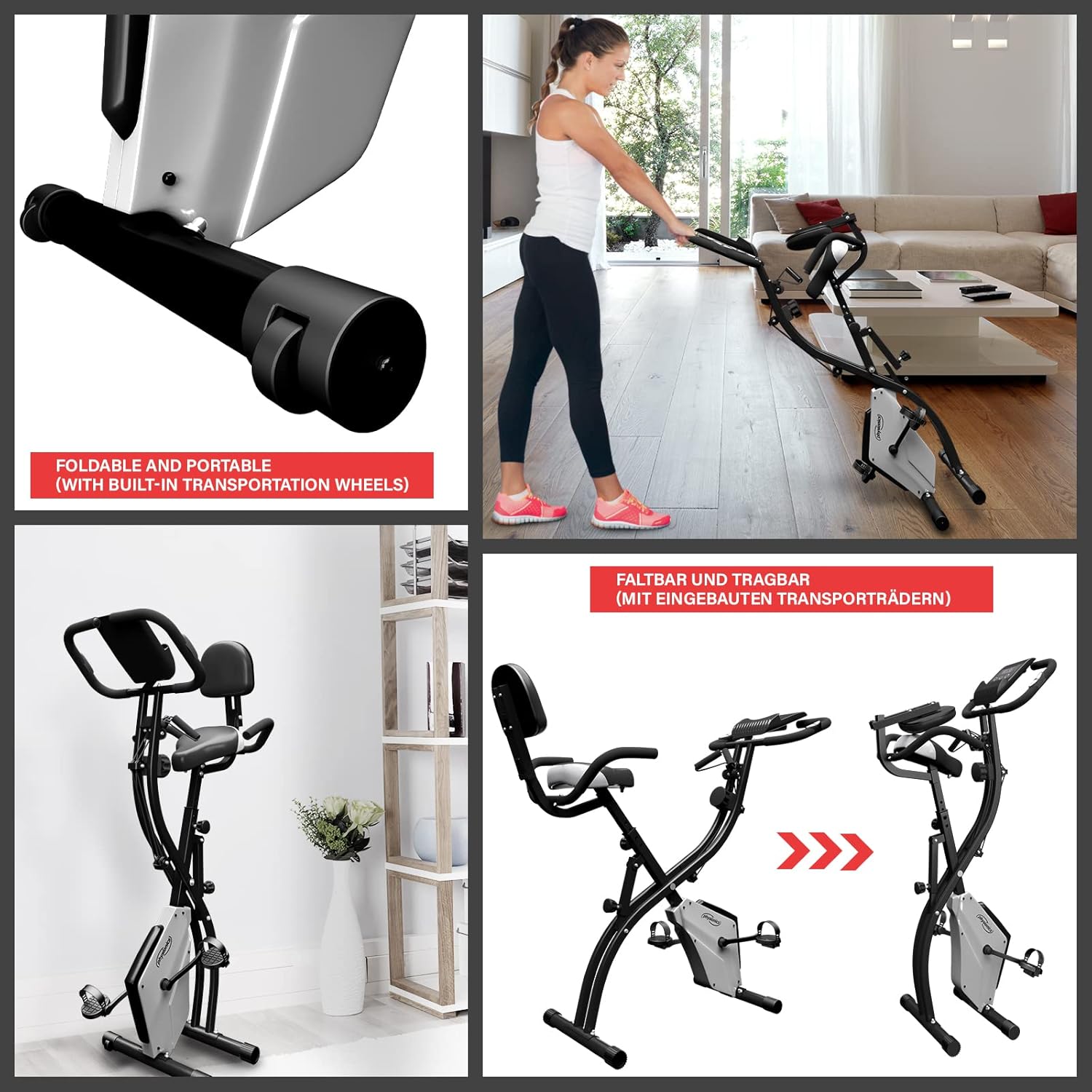 Images showing the Physionics Folding Exercise Bike in its unfolded and folded states, highlighting its portability with transport wheels.