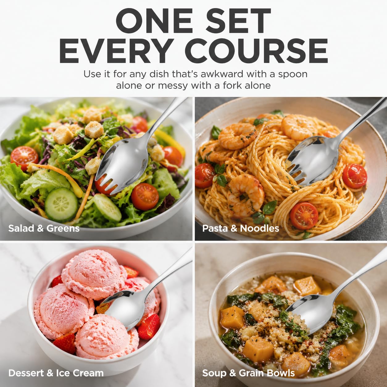4 Stainless Steel Sporks - Salad Forks & Serving Spoons -5 4 Stainless Steel Sporks - Salad Forks & Serving Spoons -5