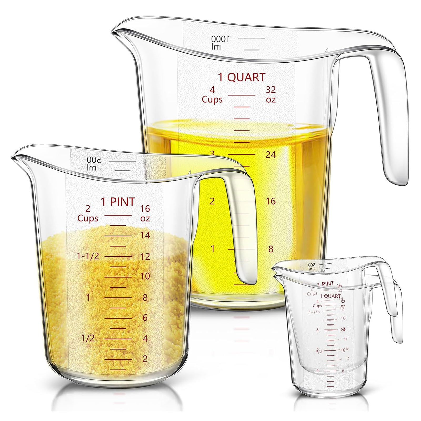 Vasos medidores de plástico, 2 vasos líquidos con boquilla en forma de V y mango, jarras medidoras para aceite líquido, harina de vinagre, 16 onzas, 32 onzas