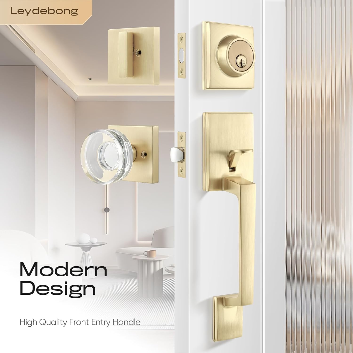 Leydebong Front Door Handles and Single Cylinder Deadbolt, Gold Door Lock Sets with Glass Knobs, Universal Entry Door Handles for Right/Left Handed Doors