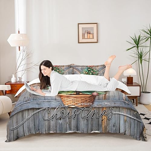 Manfei Juego de funda de edredón para niños con árboles de Navidad, tamaño King, juego de ropa de cama rústica con puerta de madera estilo granero,