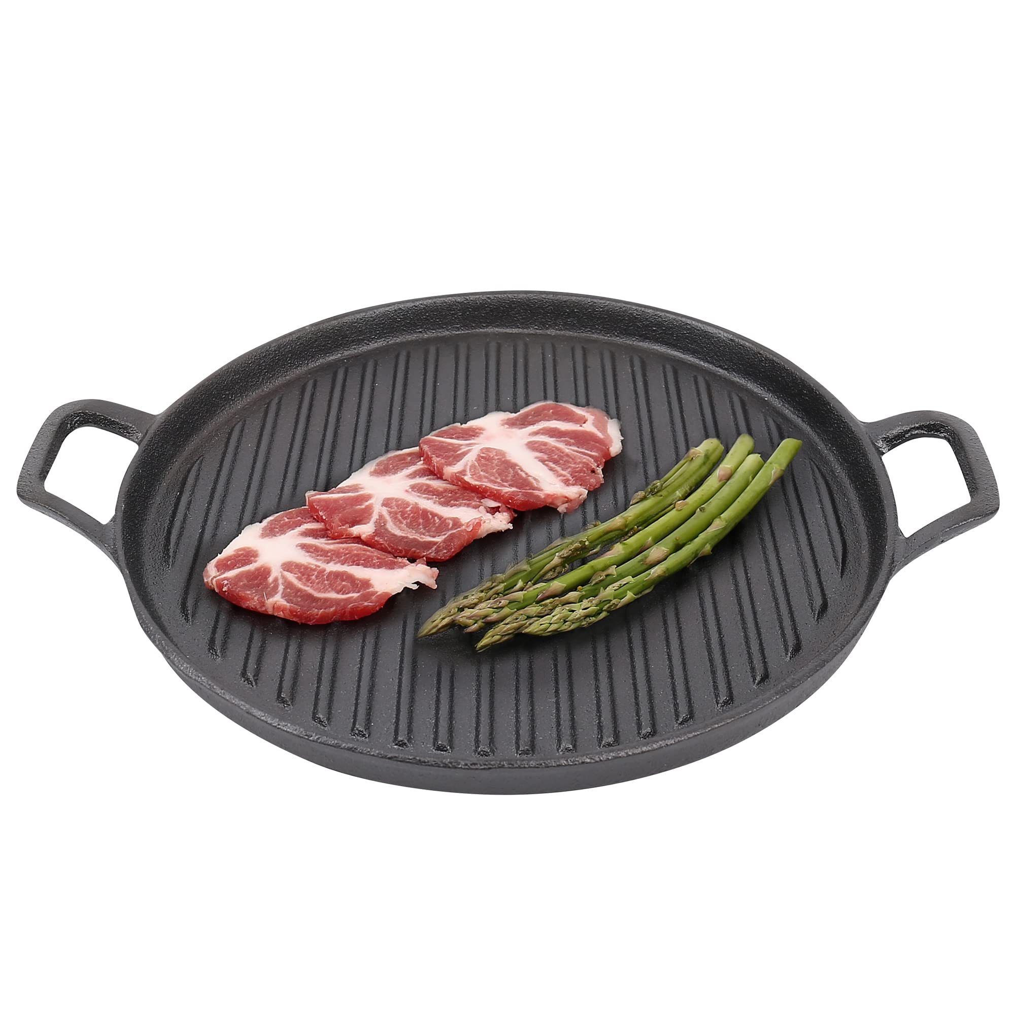 Solid Cast Iron Griddle Pan, Pre-Seasoned Non Stick Skillet with Handles, Suitable for Gas, Electric, Induction, Ceramic, Halogen, Hob & Oven, BBQ Grilling Campfire Ridged Tray Cookware (Round)