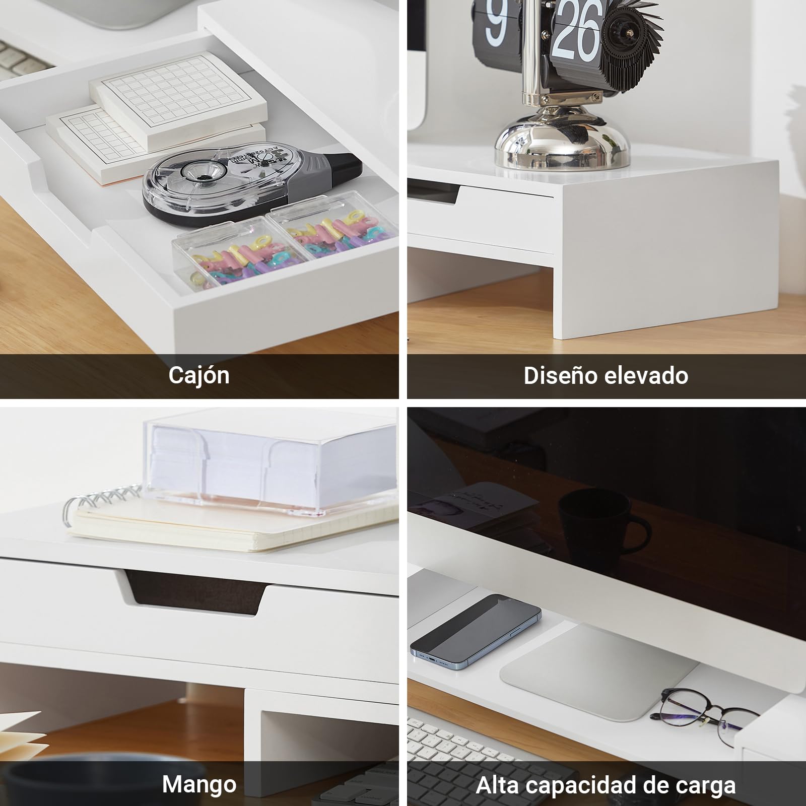 SoBuy Soporte Monitor ajustable con 2 Cajones Carga 25kg 60–107x22x11cm | Elevador Monitor con 2 Cajones e Pasacables, Soporte Monitor para Trabajo Ergonómico, para 2 Monitores, Blanco, BBF04-W