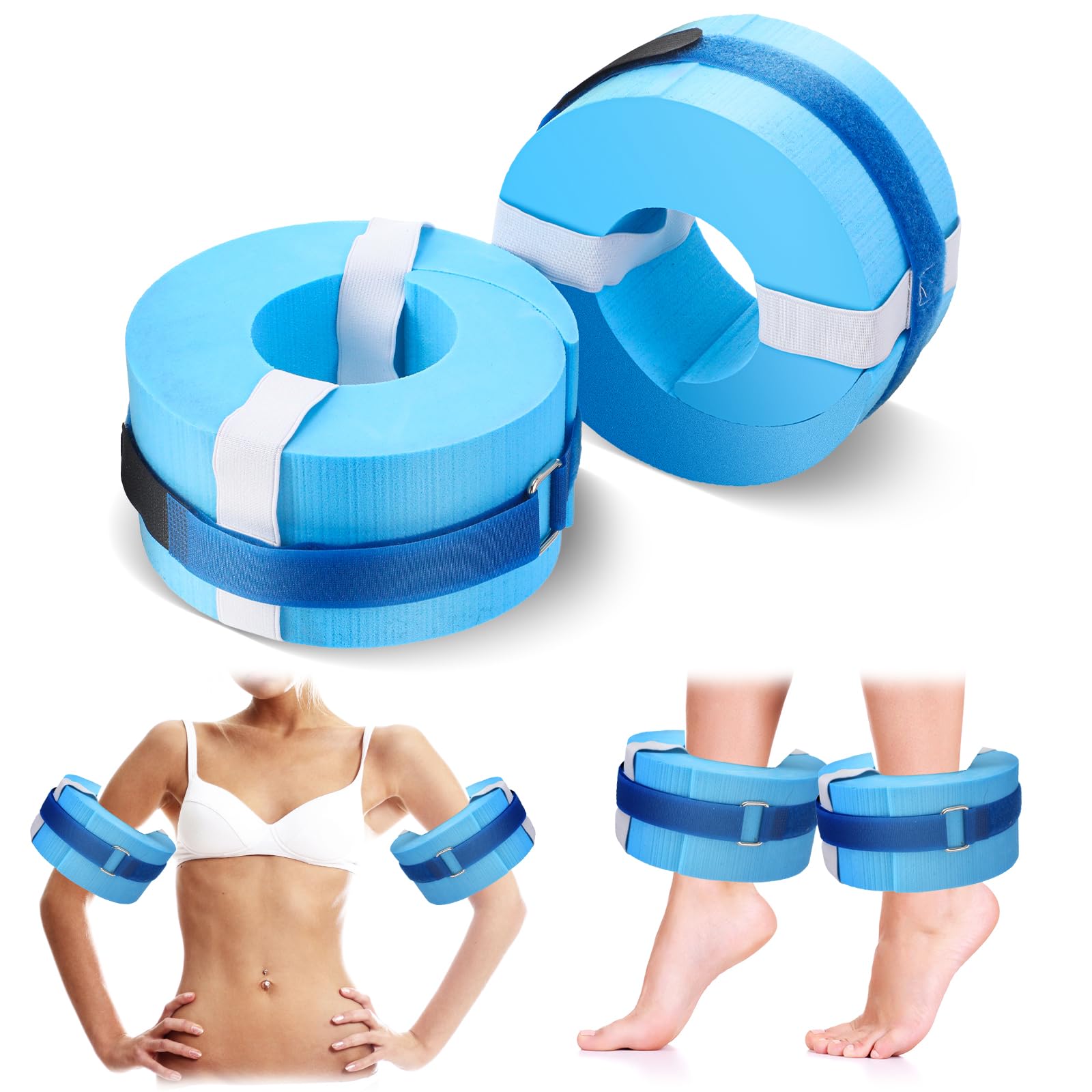 RoundFunny 2 Pcs Foam Swim Aquatic Cuffs Equipment Water Aerobics Float Ring with Detachable Hook and Loop Fastener Fitness Workout Set for Swimming Fitness Training Pool Exercise (Blue)-image-14