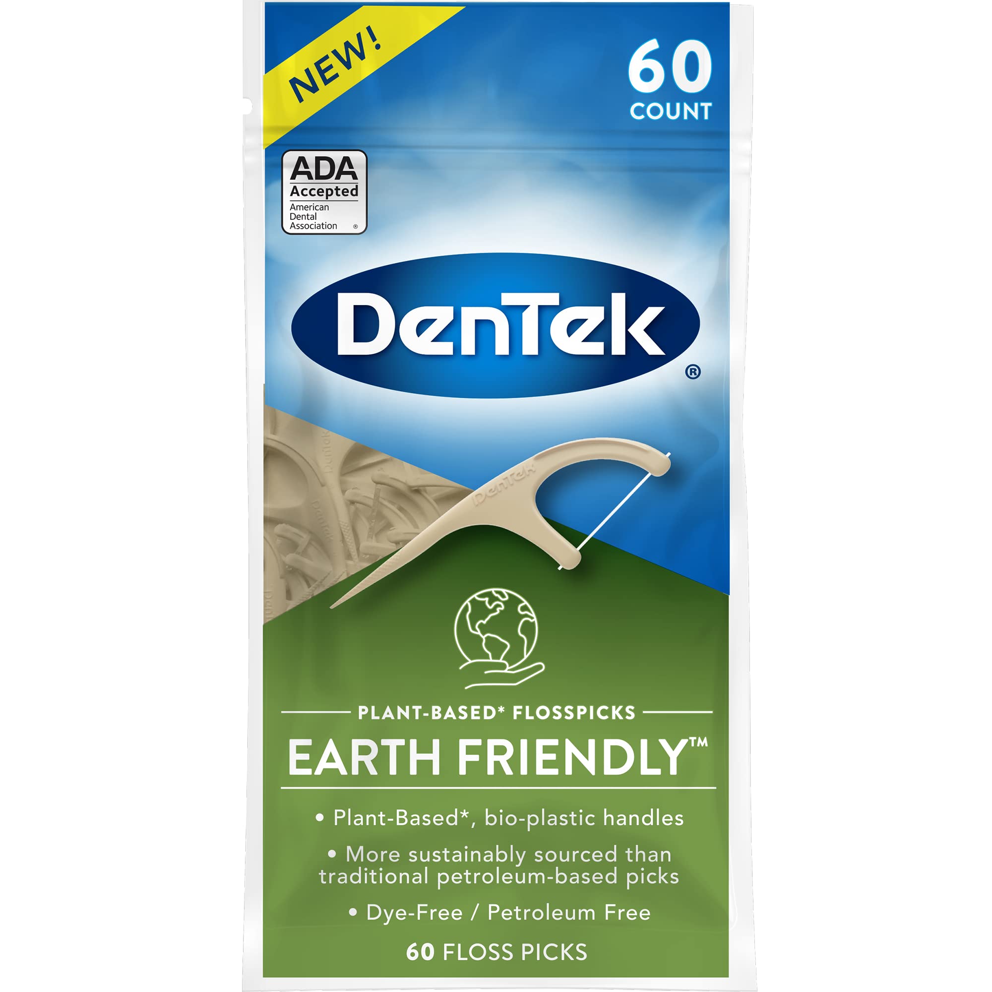DenTekEarth Friendly Floss Picks, Organic Plant-Based bio-Plastic Handles, Mint, 60 Count