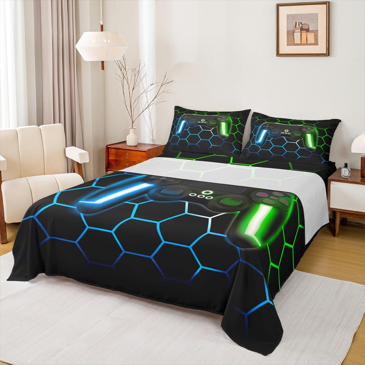 Queen Size Gamer Bedding Set - Video Game Controller Microfiber Sheets With 2 Pillowcases (4-Piece Set)