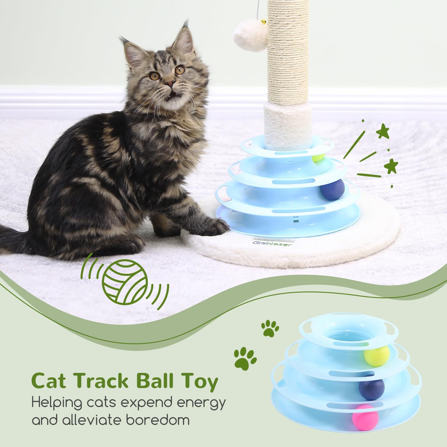 review SC20 Kitten Scratching Post, 20-inch Cute Cat Scratching Post with Tracks Toy Ball and Hanging Ball Cat Scratch Tower for Indoor Cats, Blue