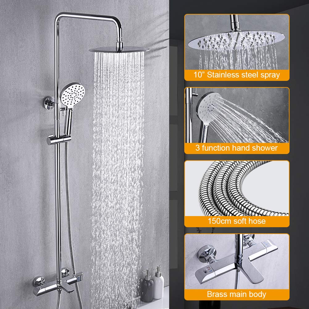 Ibergrif M21810 Columna Ducha Termostatica, Duchas de Baño Columna con Grifo, Ducha Termostatica Tres con Rociador, Alcachofa, Manguera, Barra Ajustable y Soporte, Cromo, Plata