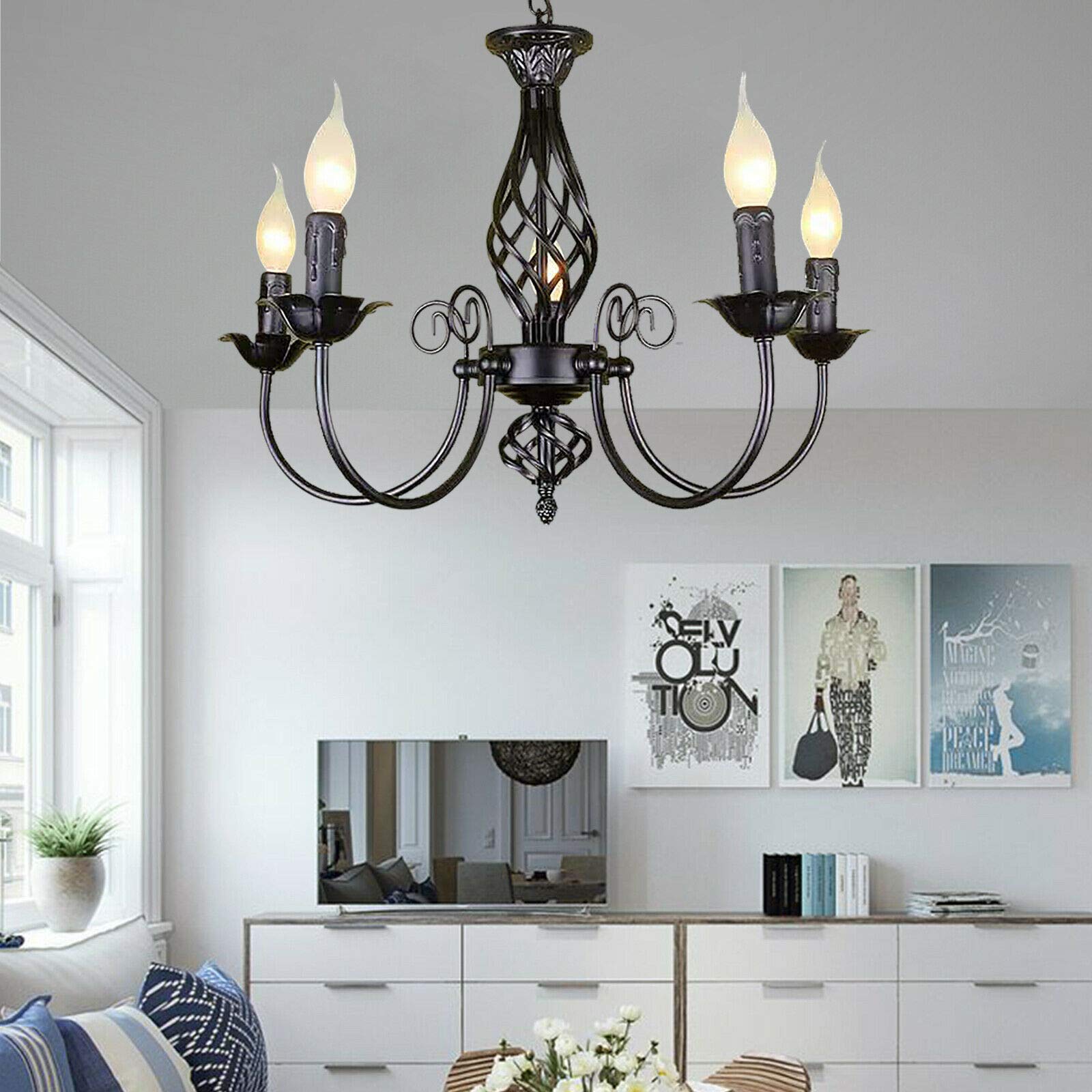 Lampadario classico rétro, in ferro, a 5 bracci, E27, per illuminazione interna, per soggiorno, camera da letto, cucina, in nero