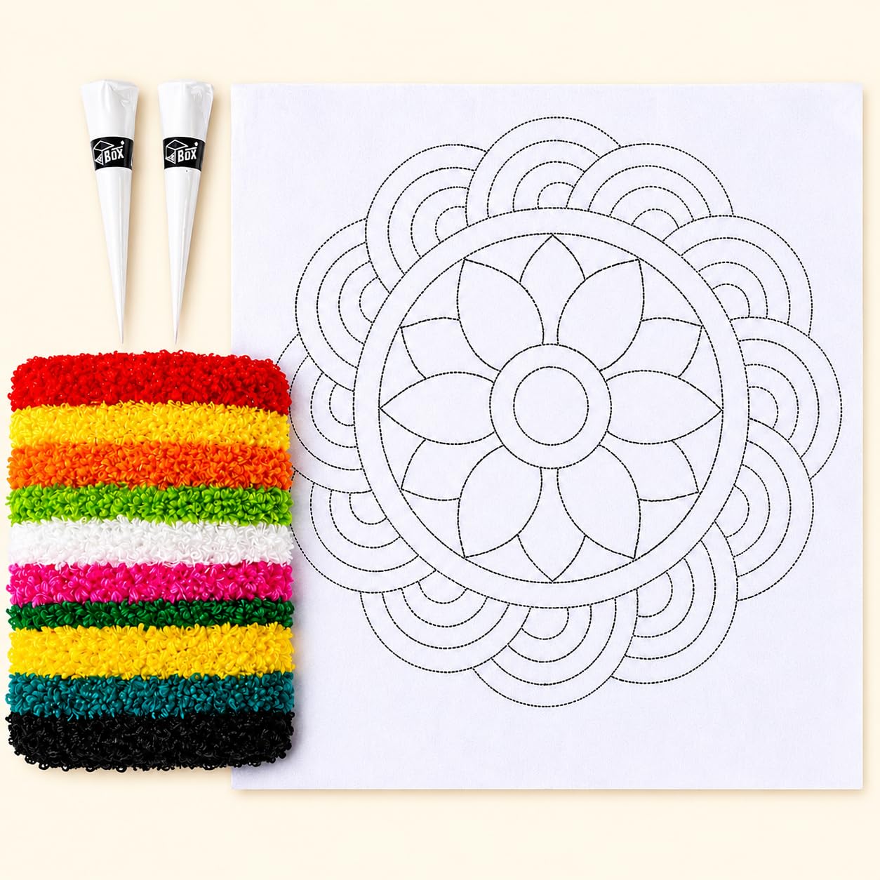 THE BROWN BOX-DIY Fur Wool Rangoli Making Kit with Printed Cloth Template (18x18 inch), Multicolour Feather Wool Yarn & 2 Fabric Glue Cones | Complete Rangoli Craft Kit for Diwali, Pooja & Festive Decoration-image-30