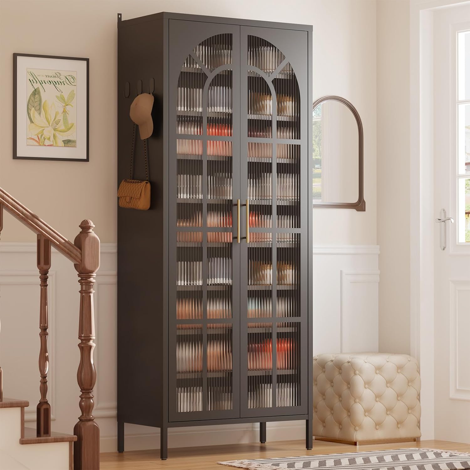 67-Inch Tall Shoe Cabinet with 2 Doors & 5 Hooks, 9-Tier Large Shoe Cabinet with Adjustable Shelves, 27-36 Pairs Metal Shoe Organizer Rack for Entryway Hallway Living Room Black Style 2