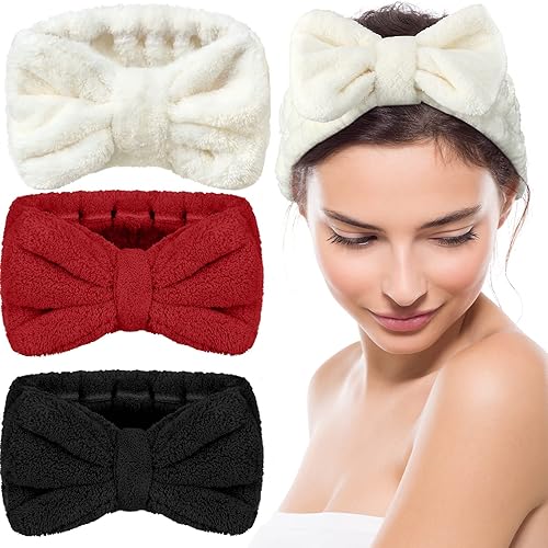 Hicarer Diadema de 3 piezas para lavar la cara para mujeres, para maquillaje, spa, diadema de microfibra con moño, para mujeres y niñas (rojo,