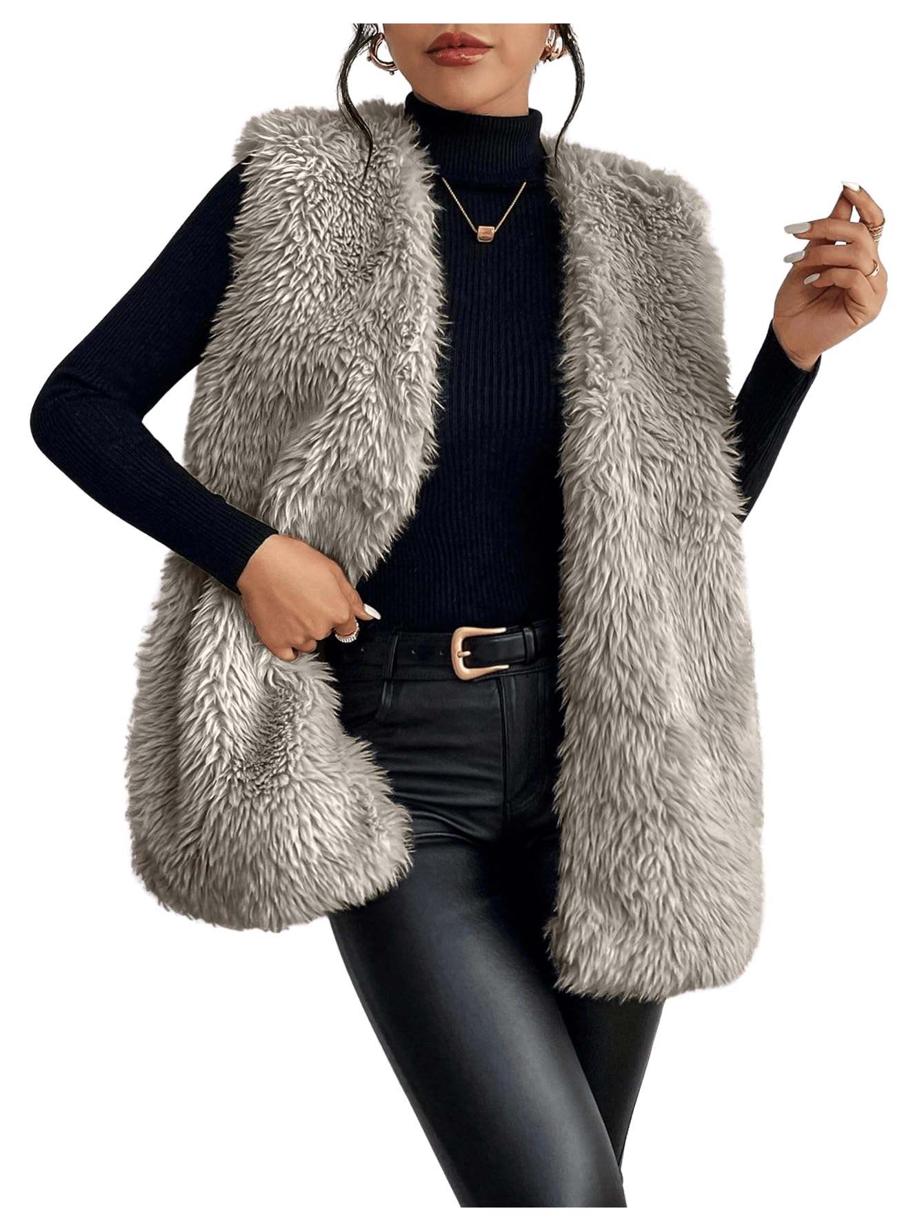 verdusa Women's Fuzzy Faux Fur Sleeveless Vest Teddy Coats Open Front Plush Waistcoat Outerwear-picture-19