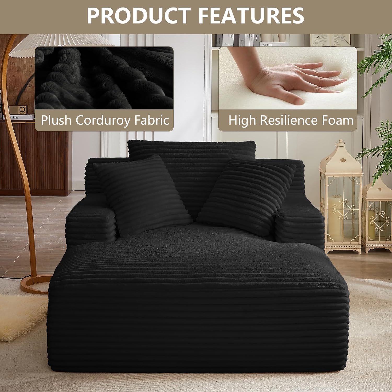 66" Chaise Lounge Chair Indoor, Oversized Boneless Lounger Chairs Indoor with 3 Soft Pillows, Deep Seat Sleeper Sofa Reading Lounge Couch, Cloud Lounge Chair for Living Room, Apartment, Black