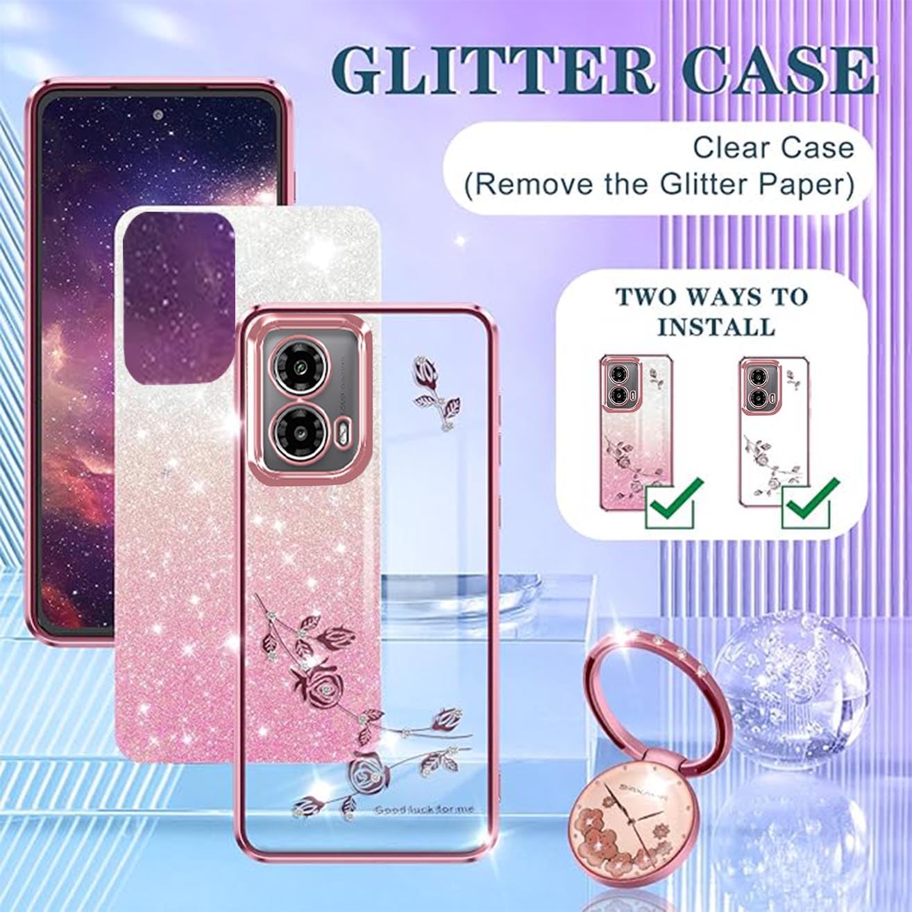Glitzer-Hülle Für Motorola Edge 50 Pro 5G – Mit Blumen-Ringständer, Stoßfest, Rosa