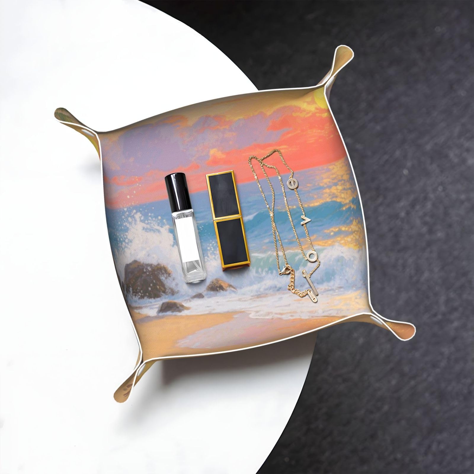 Sunset Beach Ocean Valet Tray Organizer Pu Leather Travel Catchall Tray Organizer Portable Jewelry Tray Storage Keys Tray for Entryway Table Coins Watches Candy
