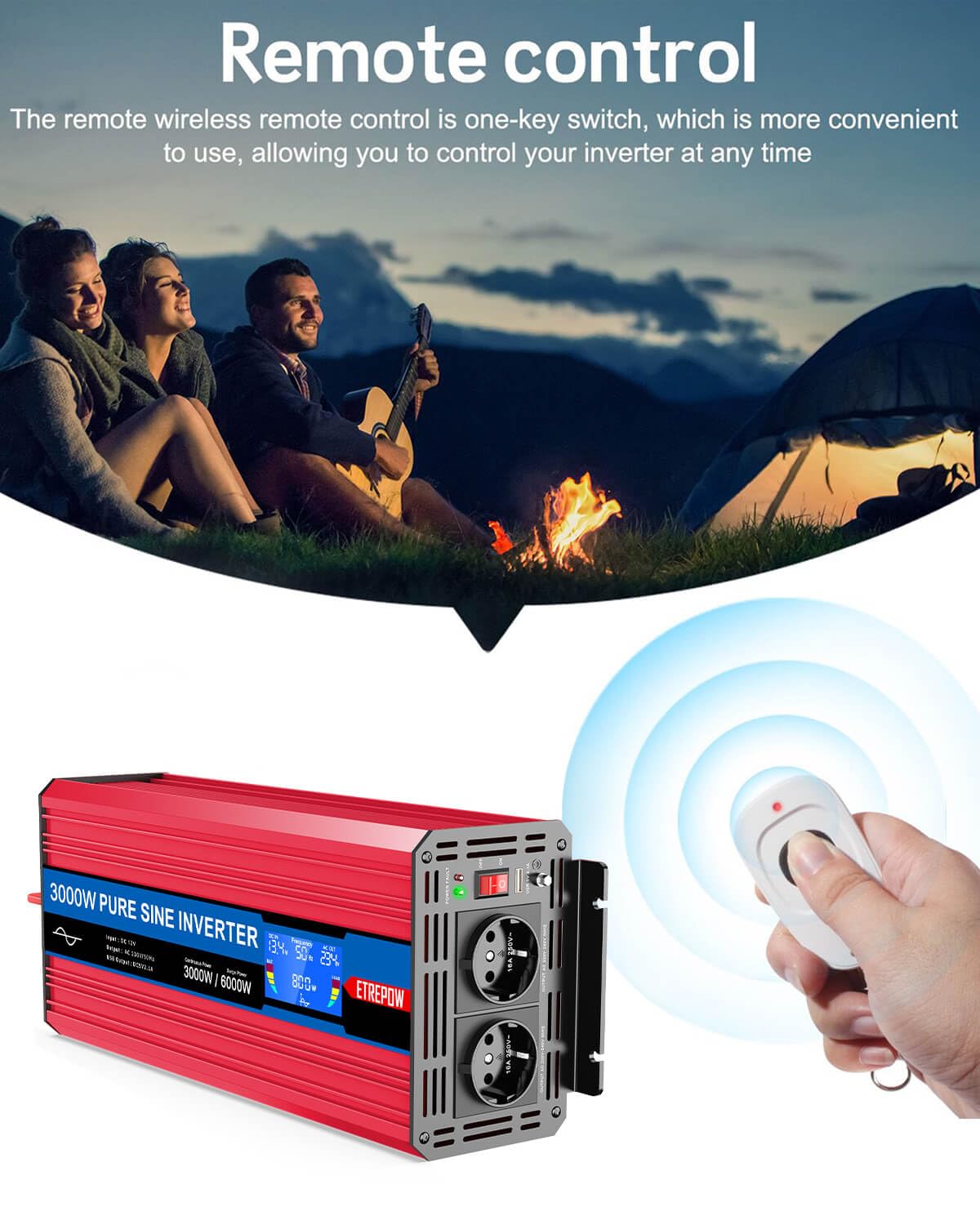 3000W/6000W Wechselrichter 12V auf 230V Reiner Sinus Spannungswandler Konverter Pure Sine Wave Power Solar Inverter mit 2 EU-Steckdose,Drahtlose Fernsteuerung,LCD Bildschirm