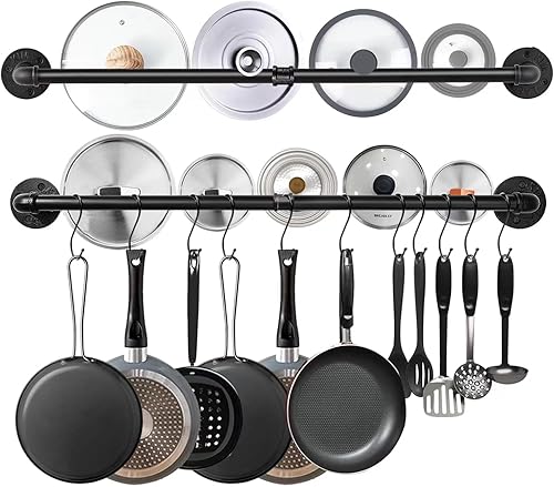 Miniatura 8 de Estante industrial para ollas de 21 pulgadas (paquete de 2), colgadores de pared para ollas, colgador de tapa de riel colgante para cocina con 10