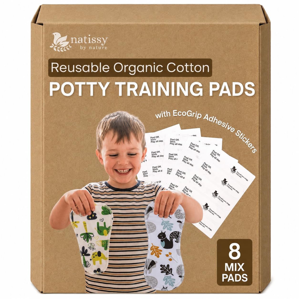 Natissy Inserti Lavabili per Spannolinamento Bambini, Lavabili, Morbidi, Assorbenti, Antifuga e Riutilizzabili in Cotone Biologico - Set 8 pz Daily + Secure - Made in EU