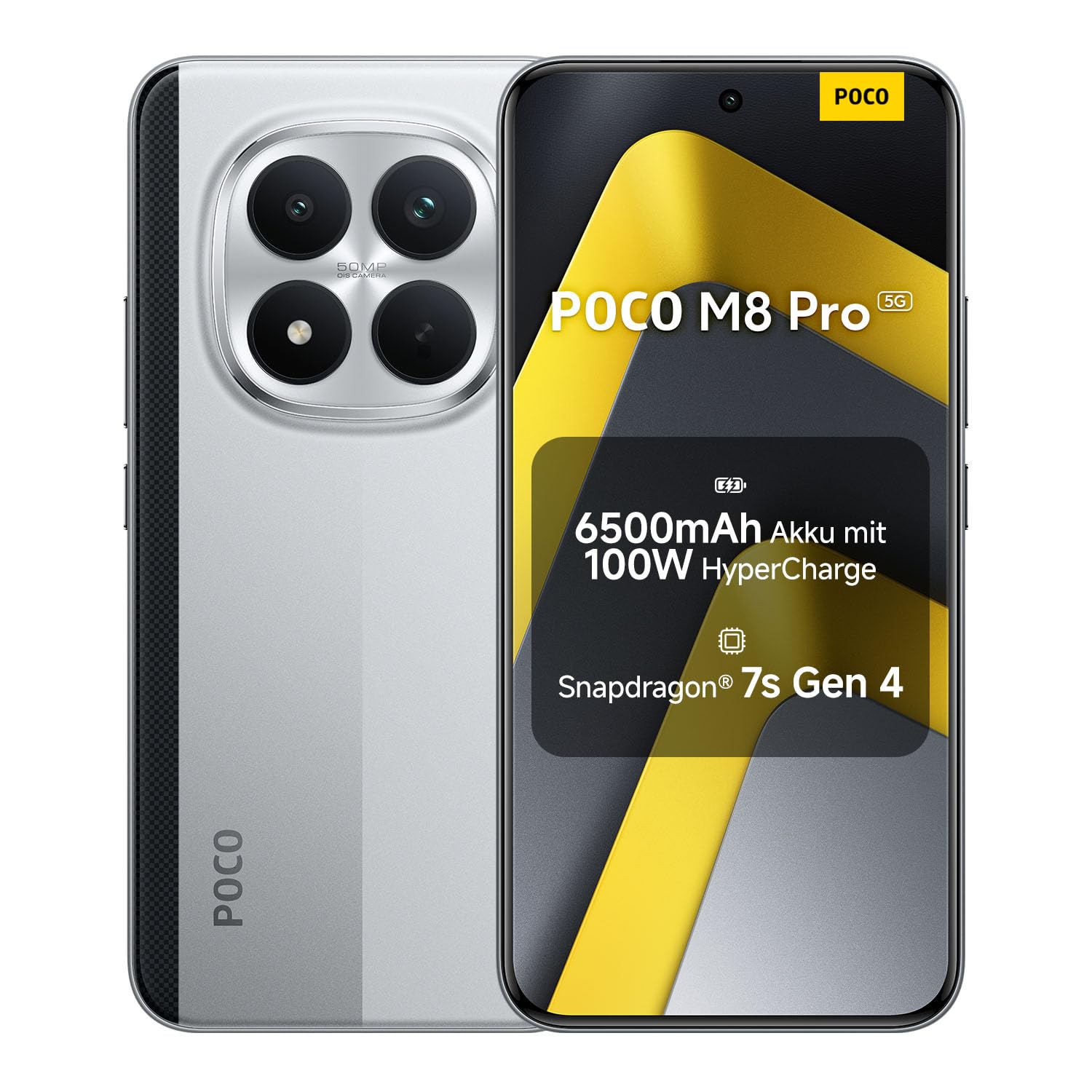 XIAOMI Poco M8 Pro 5G Smartphone, 8 GB RAM + 256 GB Speicher, Handy mit Android, 6,83" 1,5K CrystalRes AMOLED, Snapdragon® 7s Gen 4, 50 MP Light Fusion 800 mit OIS, IP68, Silber, 2 Jahre Garantie