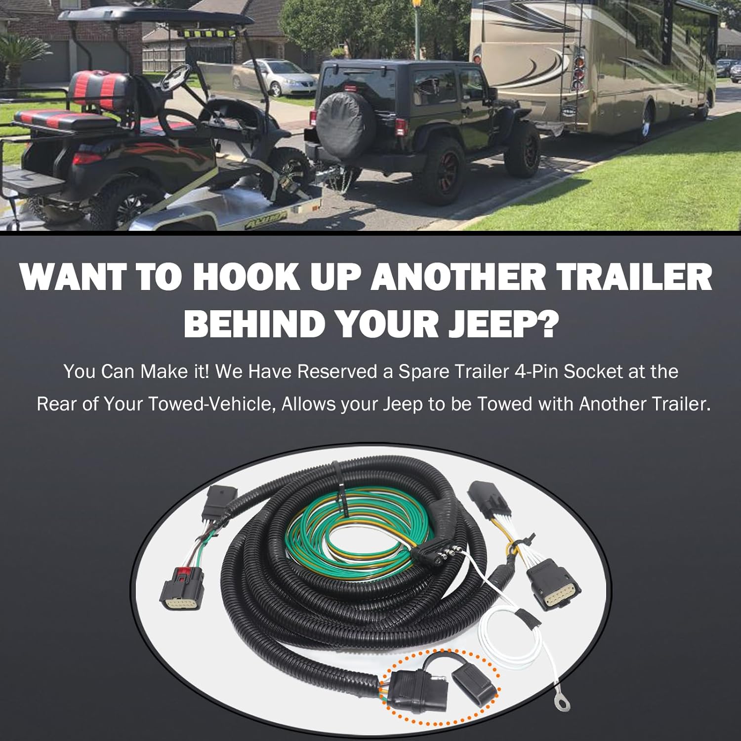 Custom Fit Vehicle Towed 4 Way Flat RV Harness Compatible with Jeep Wrangler JL (2018-2024), Jeep Gladiator (2020-2024) 58964 Flat Towing Tail Light Wiring Harness