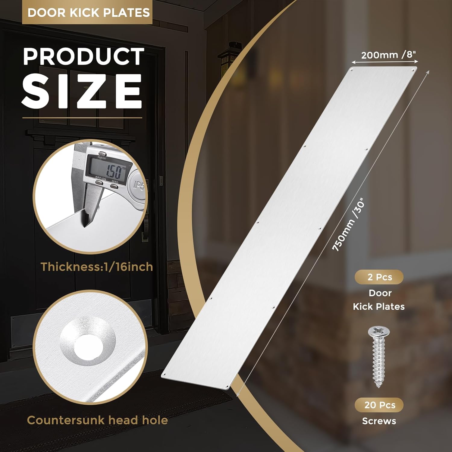 uxcell 2pcs Door Kick Plate, 8 x 30 Inches Anodized Aluminum Kick Plate Door Plate, 1.5mm (1/16 Inch) Thickness, for Exterior Front Door or Back Door, Silver 8 x 30 Inch Silver