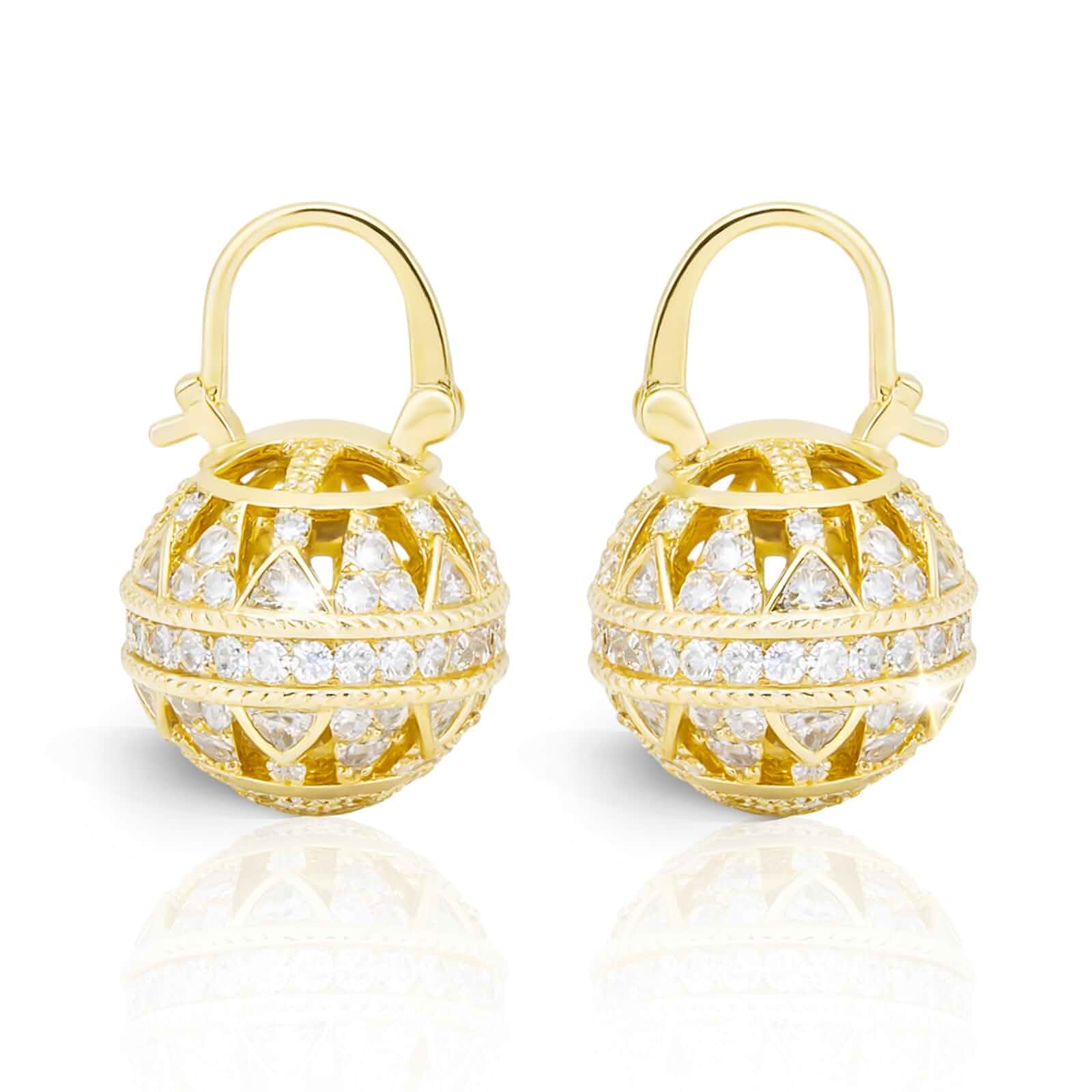 Gold Plated Drop Earrings for Women, Vintage Filigree Ball Dangle Earrings with Secure Leverback Closure, Statement CZ Look Boho Handmade Jewelry Gift for Her