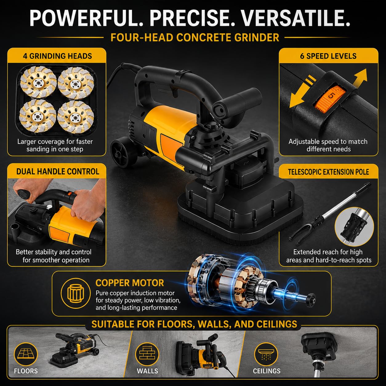 Levigatrice per calcestruzzo 3800 W, 6 Livelli con Gruppo a 4 Teste