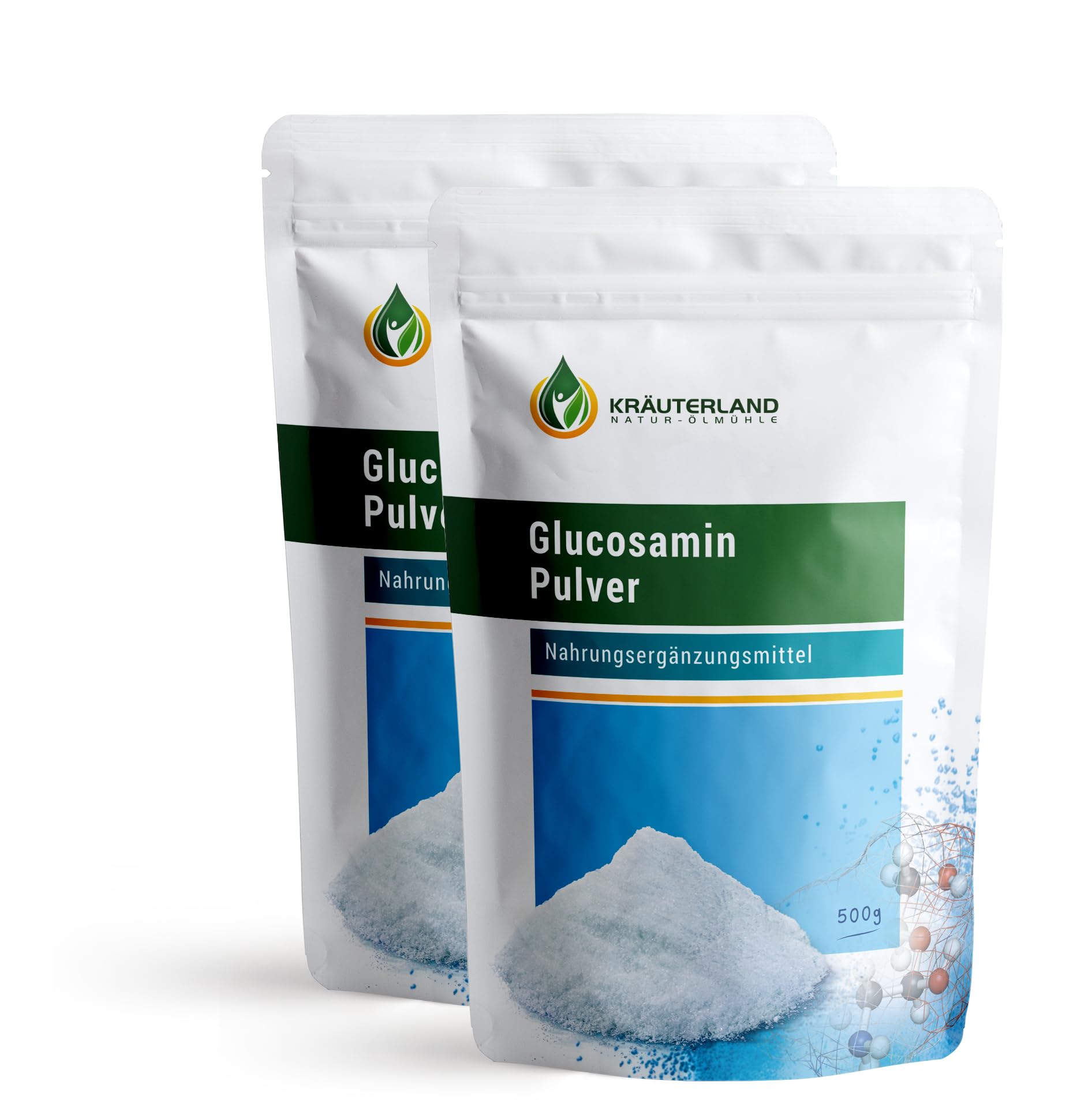 Kräuterland Glucosamin Pulver 1kg - 2x 500g hochrein und hochdosiert - 100% reines Glucosaminsulfat Pulver in Premuim Qualität
