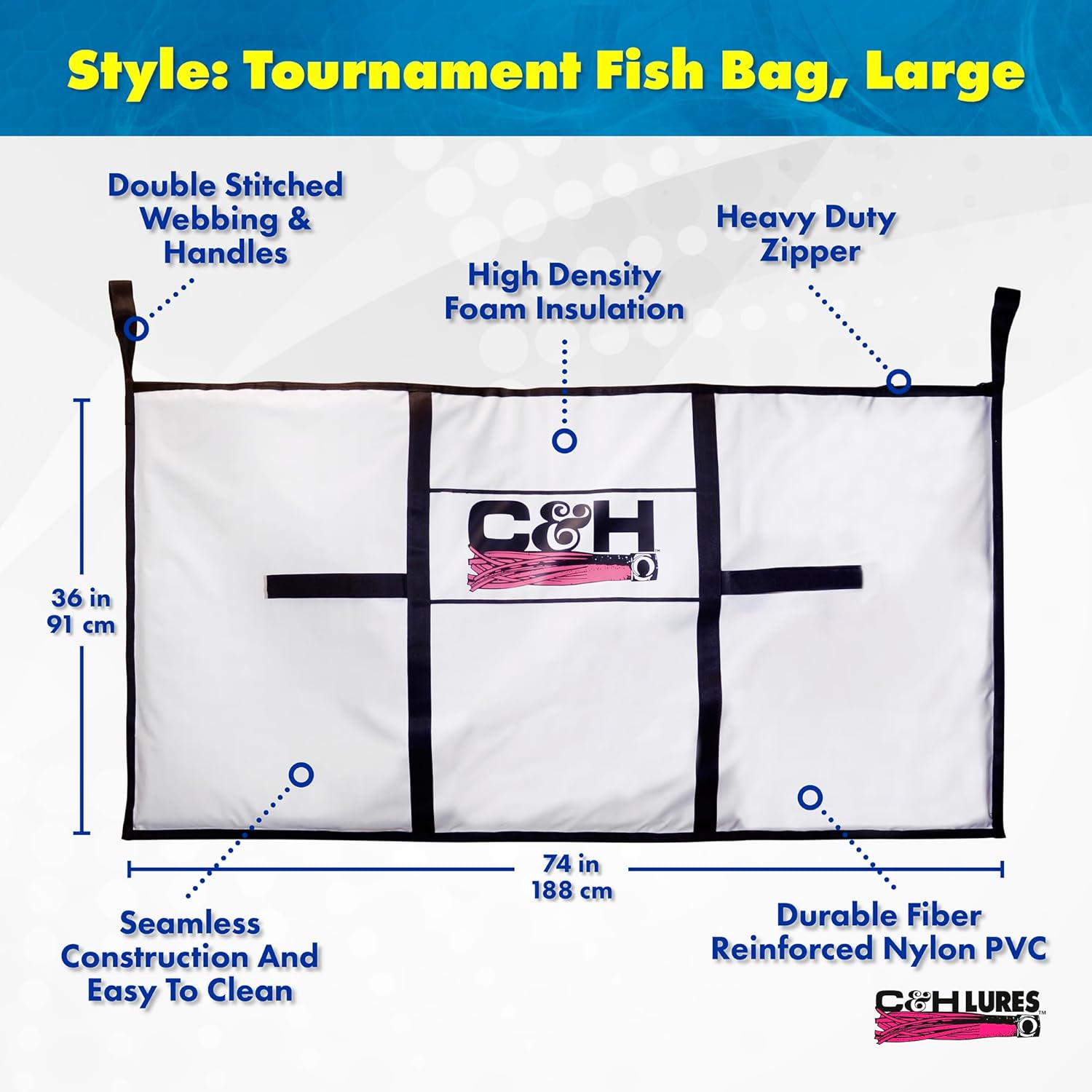 C&H Lures, Bait Bag, 13 in X 36 in / 33 cm x 91.4 cm, with Freezer-Pack Pockets, White