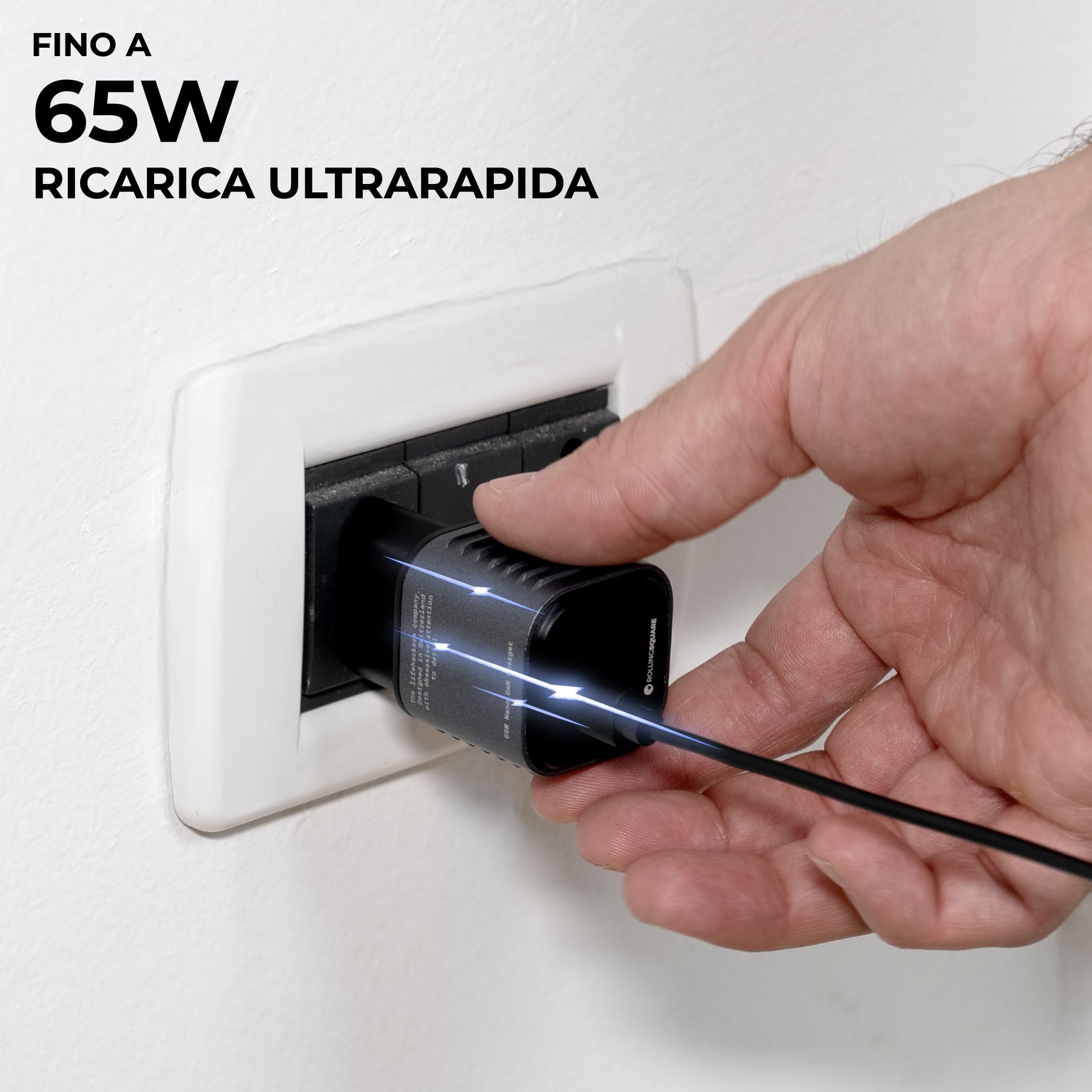 Rolling Square Supertiny - 65W GaN Charger, Alimentatore USB C ad Alta Velocità con Prese EU, Caricatore da Viaggio Ultra Compatto per Cellulari, Computer, Tablets e Dispositivi USB-C