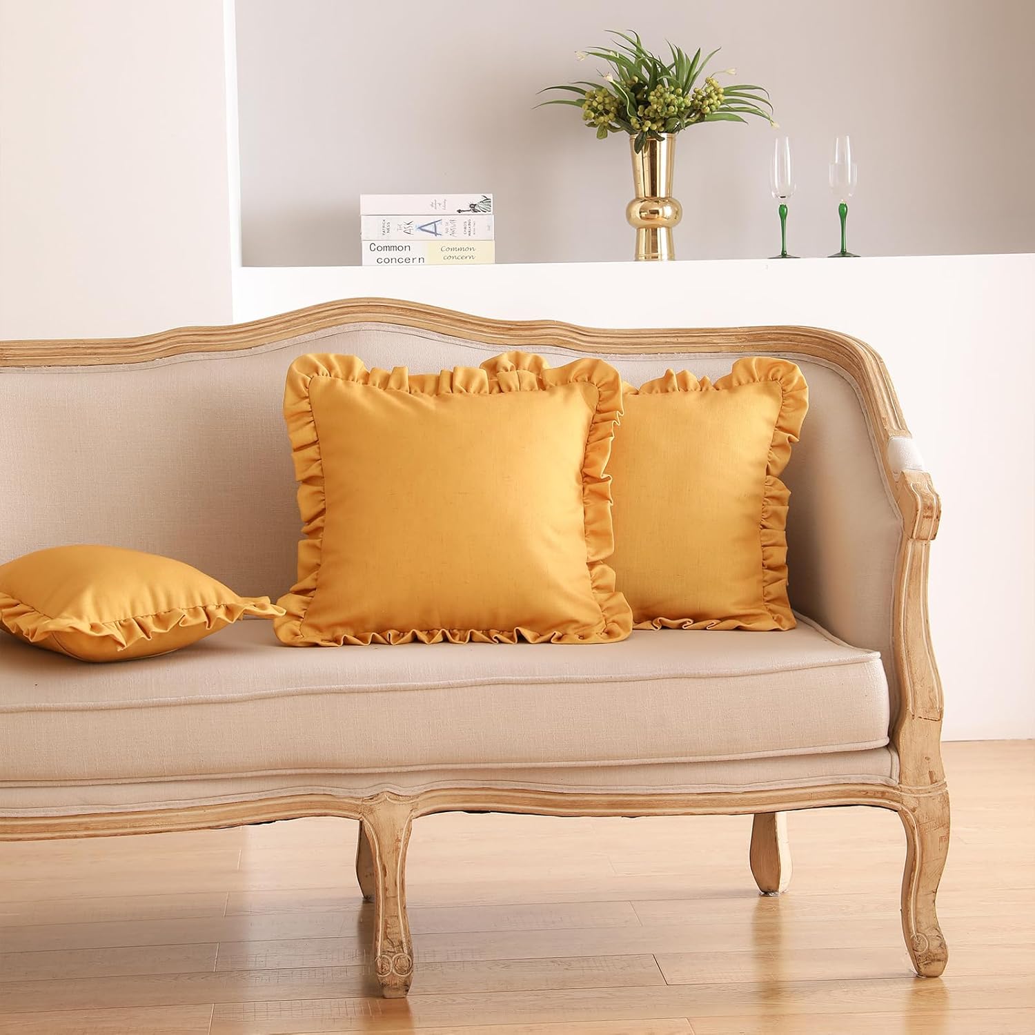 ISAENNE 2 Pieces Classic Yellow Square Throw Pillow Cover 18"x18", Solid Color Farmhouse Linen Cotton Decor Pillow Cover with Ruffles, Sturdy Throw Pillow Case for Couch Sofa Bed Living Room