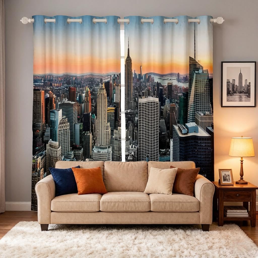 Loussiesd New York Curtains New York City Manhattan Skyline Cityscape Window Curtains for Bedroom Living Room Contemporary Artistic Sunset Landscape Window Treatments,W52*L90