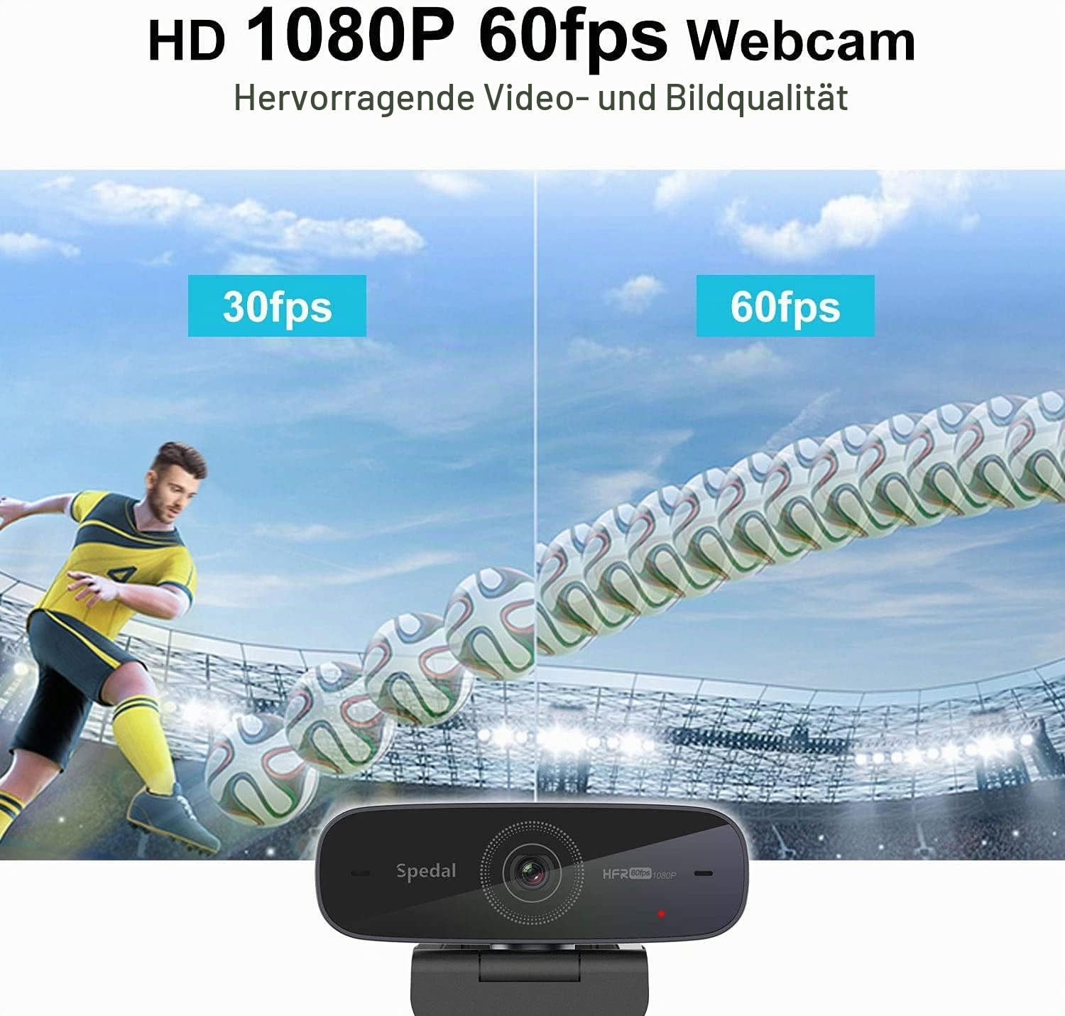 Spedal Webcam 1080P 60FPS mit Autofokus, PC Kamera mit Dual-Stereo-Mikrofon, Flüssiges Streaming USB Webkamera für Gaming, Home Office, OBS, Zoom & Teams