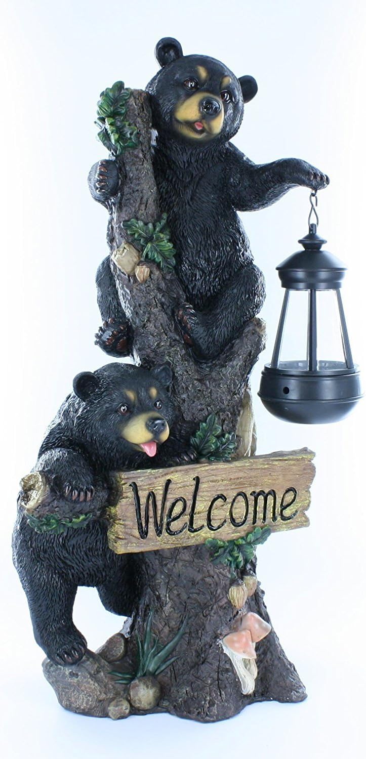 Large Black Bears Welcome Sign / Statue with Solar LED Lantern - Bear Cub Decor