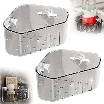 Suction Corner Storage Basket, 2025 Upgraded Suction Cup Press Sink Drainer Basket, Automatic Dumping Sink Strainer Basket,Faucet Sponge Storage Rack Silver 2 pcs