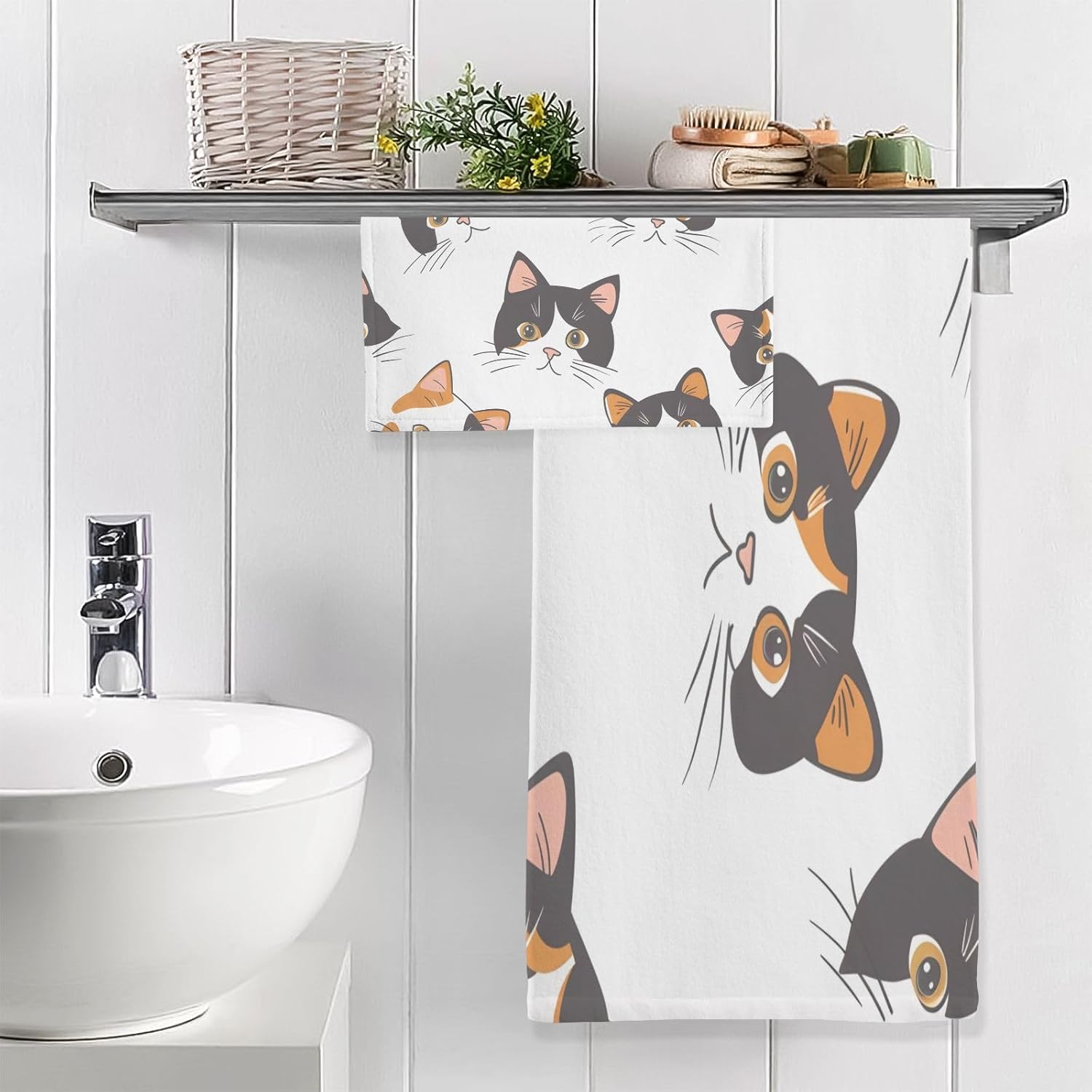 Hand Towels Premium Soft and Highly Absorbent Cute Cat Face 2 Pcs Towels for Bathroom Set 100% Cotton Decorative Face Towels