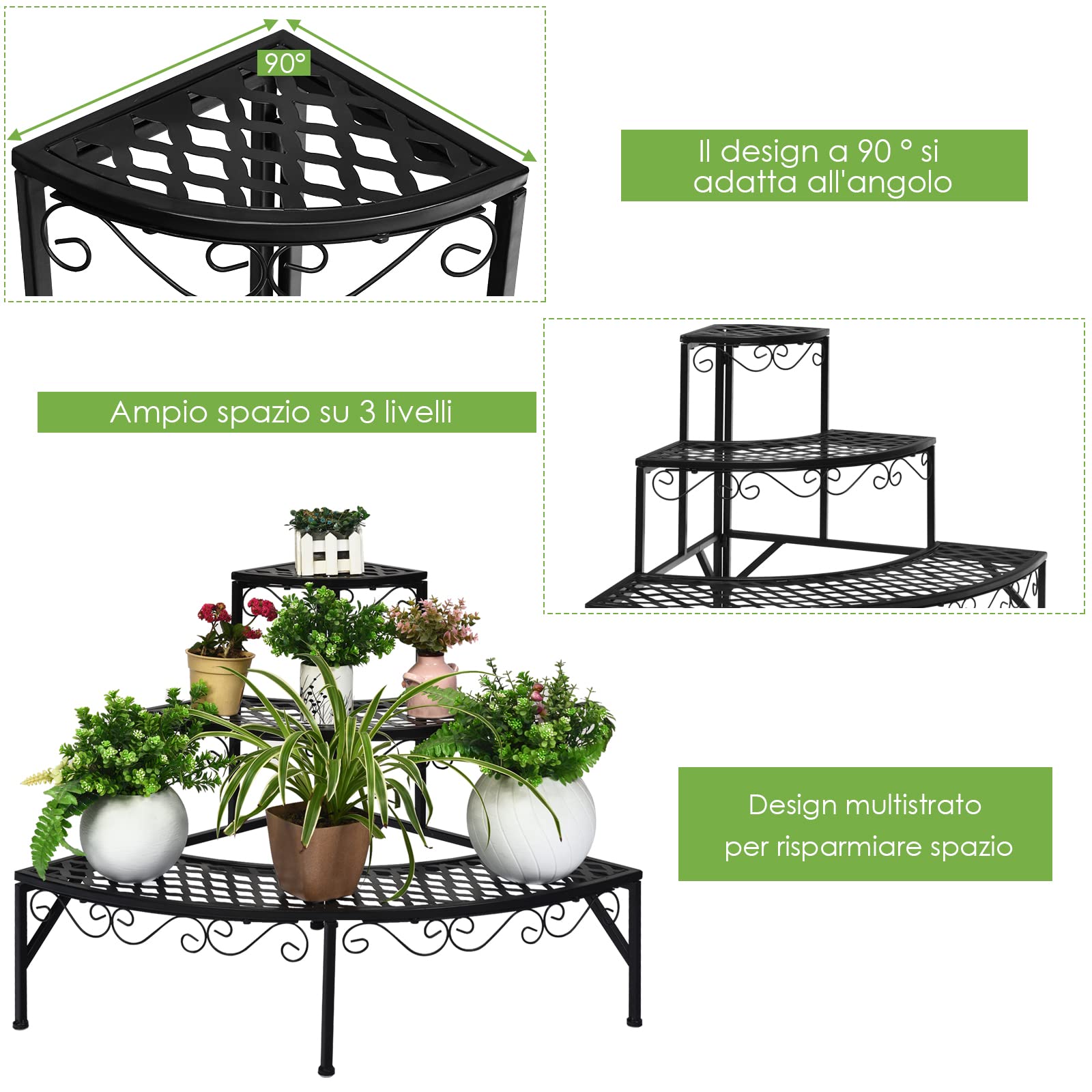 COSTWAY Scaffale Portafiori a 3 Ripiani, Porta Piante da Esterno e Interno a Scala, Scaffale Porta Vasi di Metallo per Balcone, Soggiorno e Giardino, 59 x 59 x 61 cm
