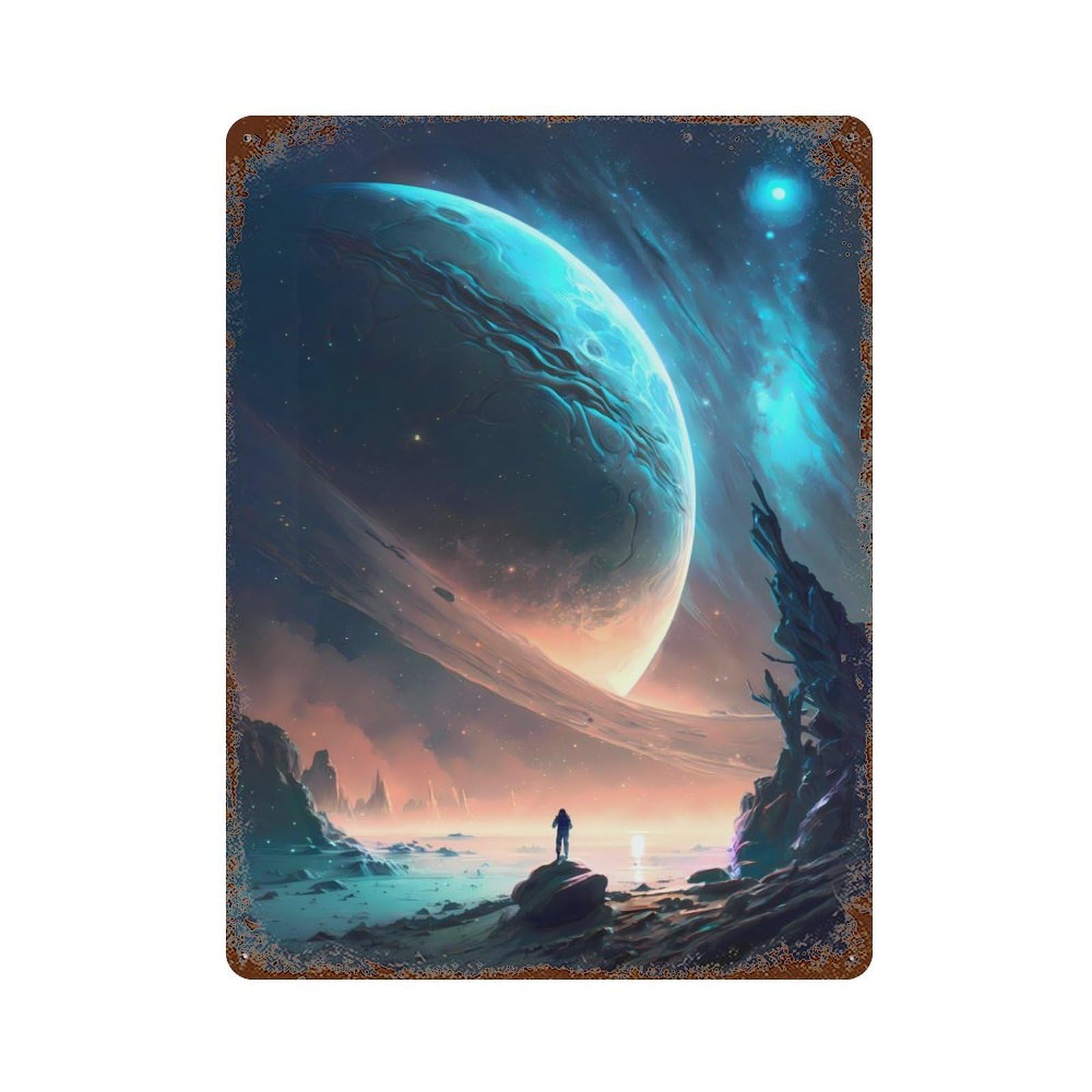 Vintage Rust Metal Sign Dark Scar Planet Landscape 15.7"x11.8", Novelty Wall Decor for Garage, Bar And Workshop Decor