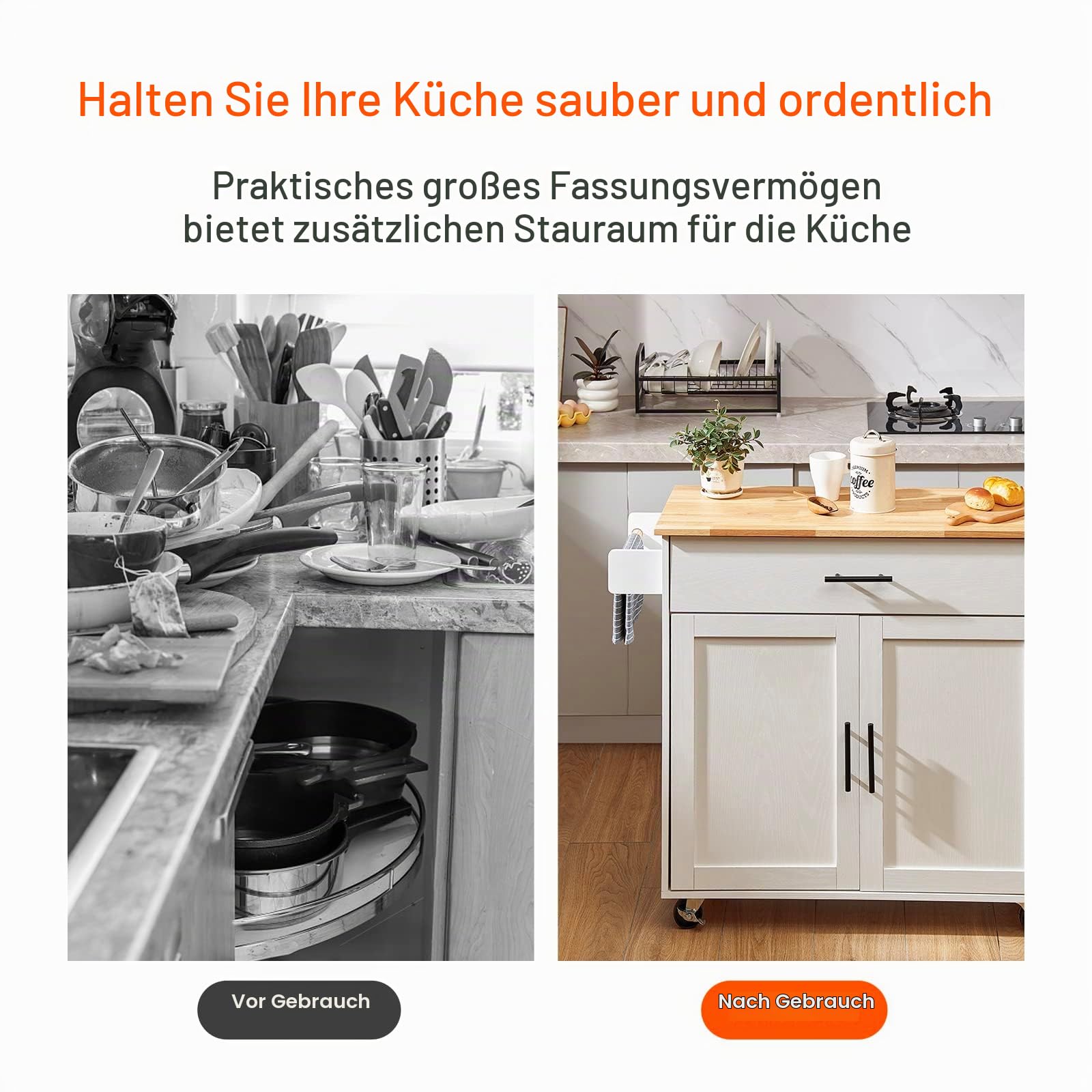 VEVOR Servierwagen Küchenwagen 1190 x 695 x 905 mm, 90,7 kg Belastbar Kücheninsel Küchenschrank, Rollwagen Küchentrolley mit Handtuchhalter & 1 Schubalde, Mikrowellenschrank Küchenrollwagen Massivholz