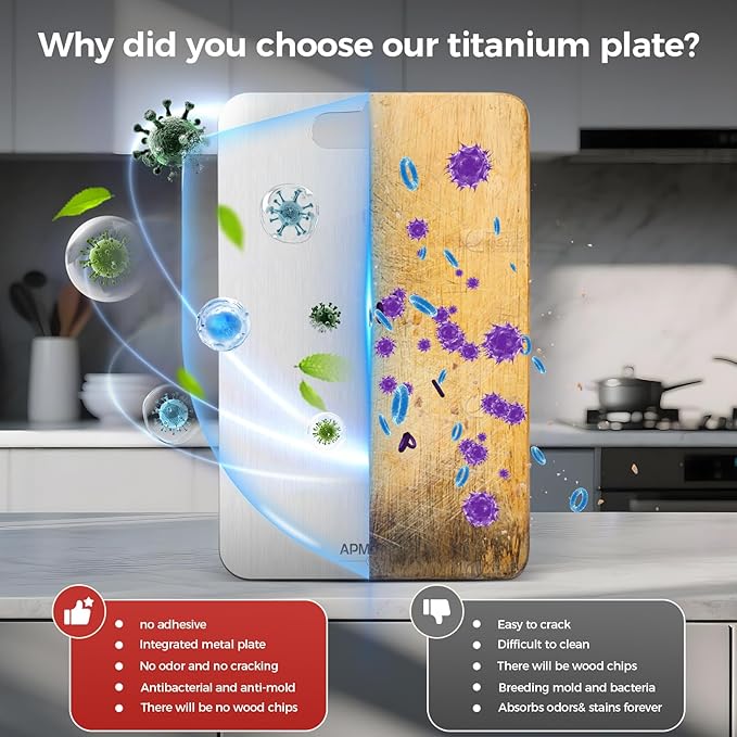 Built from a single, seamless piece of titanium, these cutting boards boast exceptional sturdiness and durability. Free from glue or adhesives, they are non-toxic and crafted to withstand the daily demands of a busy kitchen. The wire-drawn surface treatment creates a smooth, pore-free finish, making them highly resistant to stains and odors. Unlike traditional boards made from plastic, wood, or bamboo, these titanium boards won't crack or warp, ensuring a long-lasting and health-conscious chopping solution for both home cooks and professional chefs.